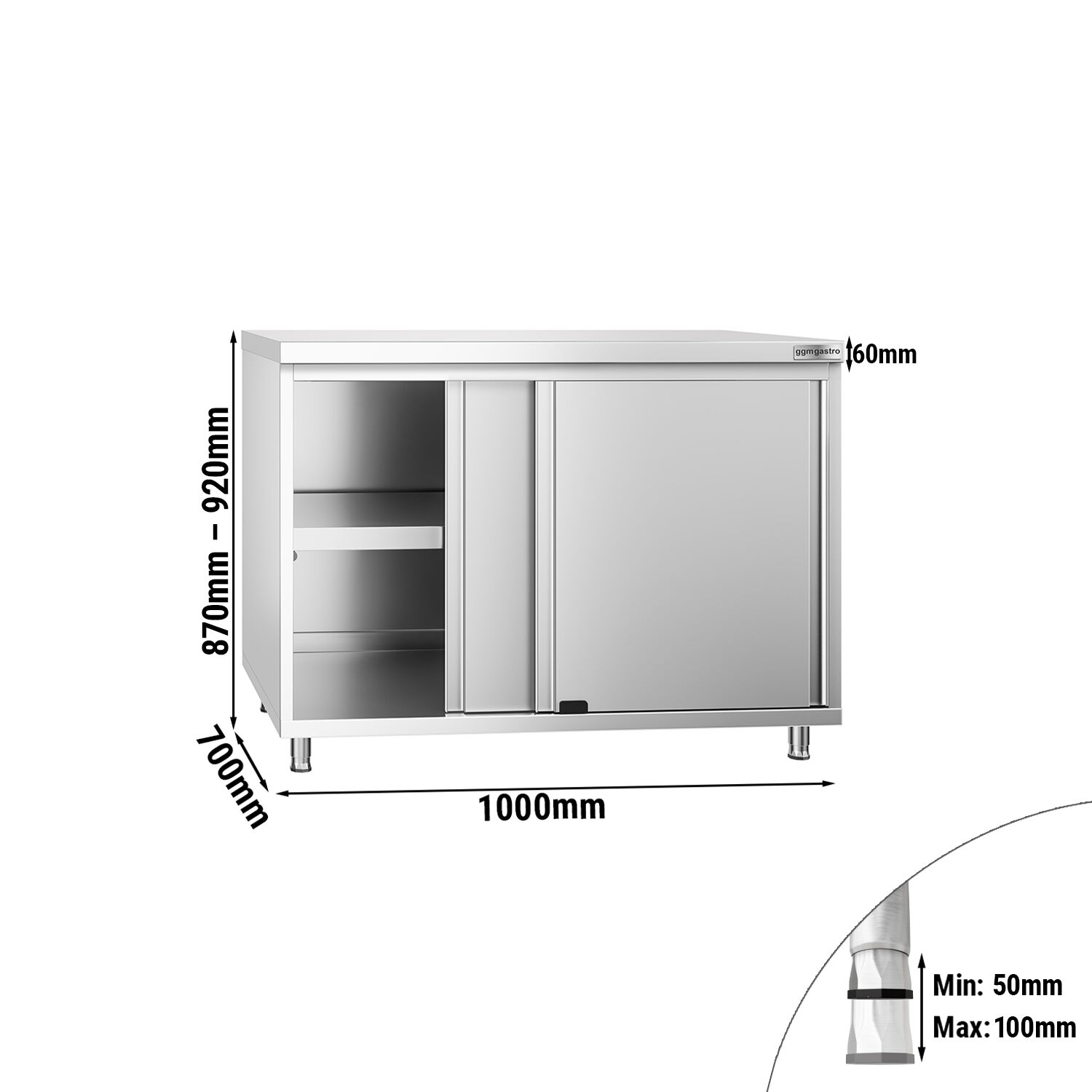 Table armoire en acier inoxydable PREMIUM - 1000x700mm - avec portes coulissantes et étagère basse