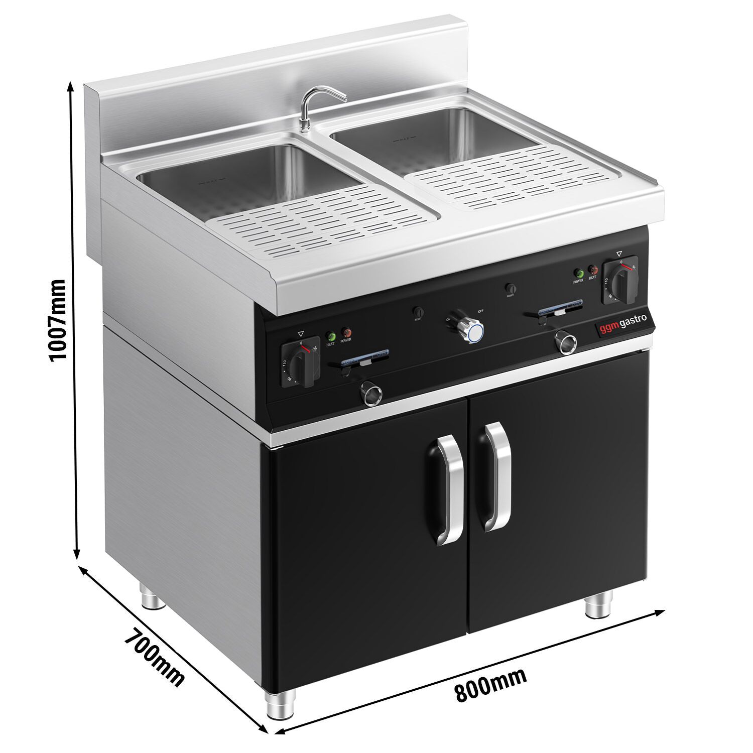 Cuiseur à pâtes électrique avec robinet – 2 × 26 L – 12 kW – incl. soubassement avec 2 portes