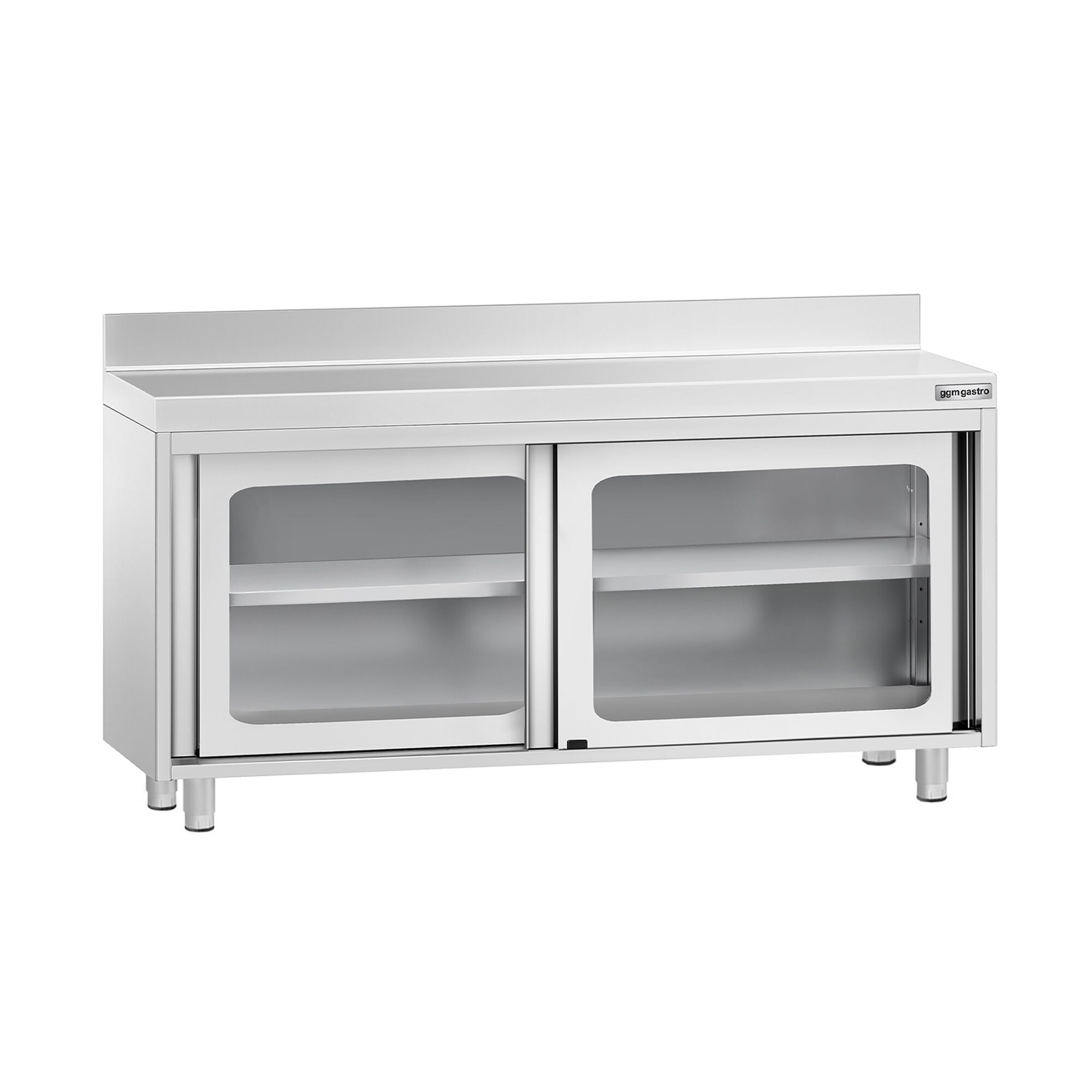 Table armoire en acier inoxydable PREMIUM - 1600x600mm - avec portes coulissantes vitrées - avec dosseret