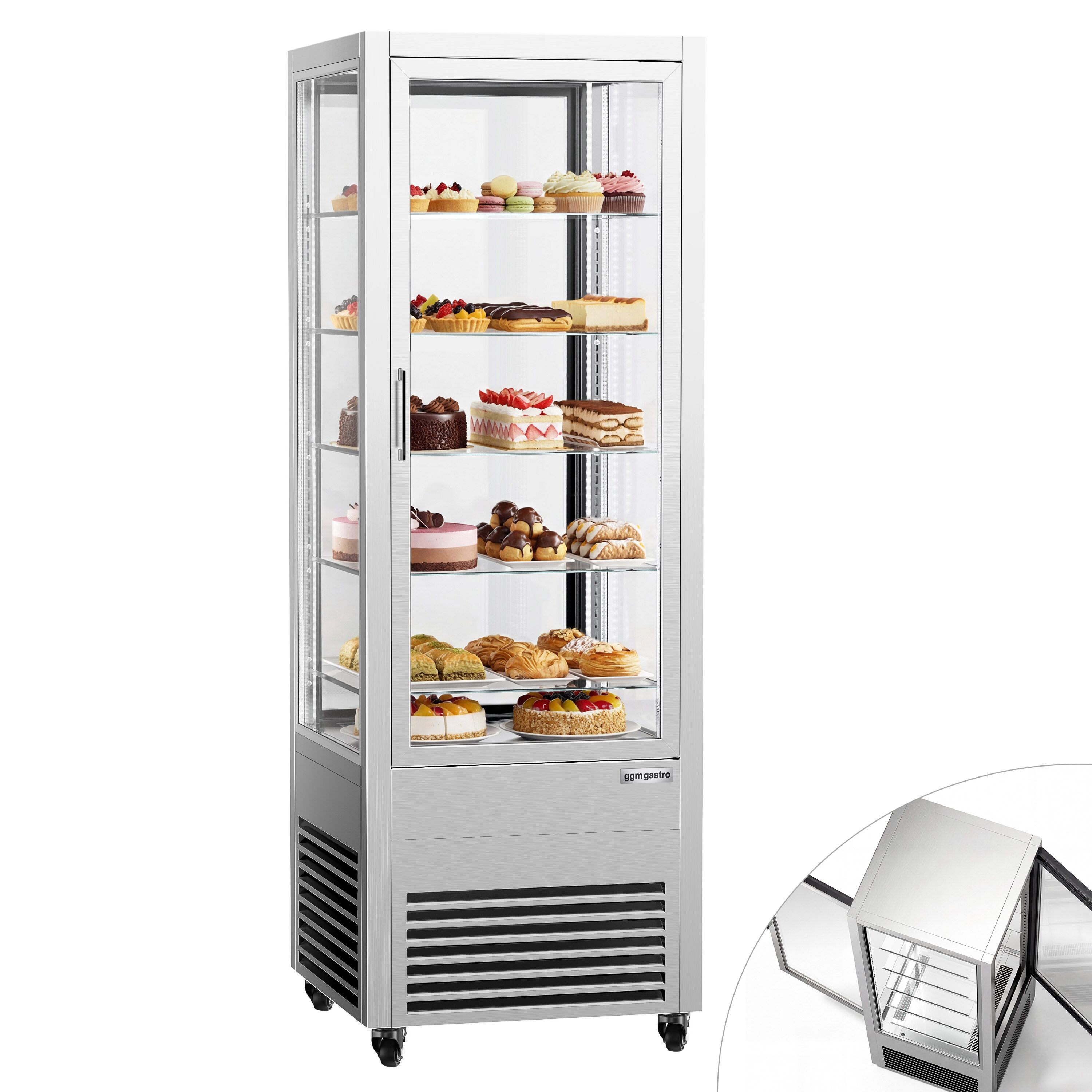 Vitrine réfrigérée 4 faces vitrées / Vitrine panoramique – 440 litres – 2 portes en verre – 5 étagères – Argent