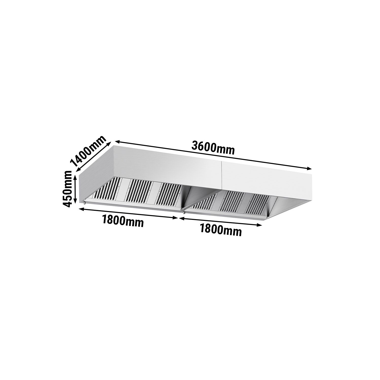 Hotte à adosser professionnelle - 3600mm - sans moteur - avec filtres et éclairage