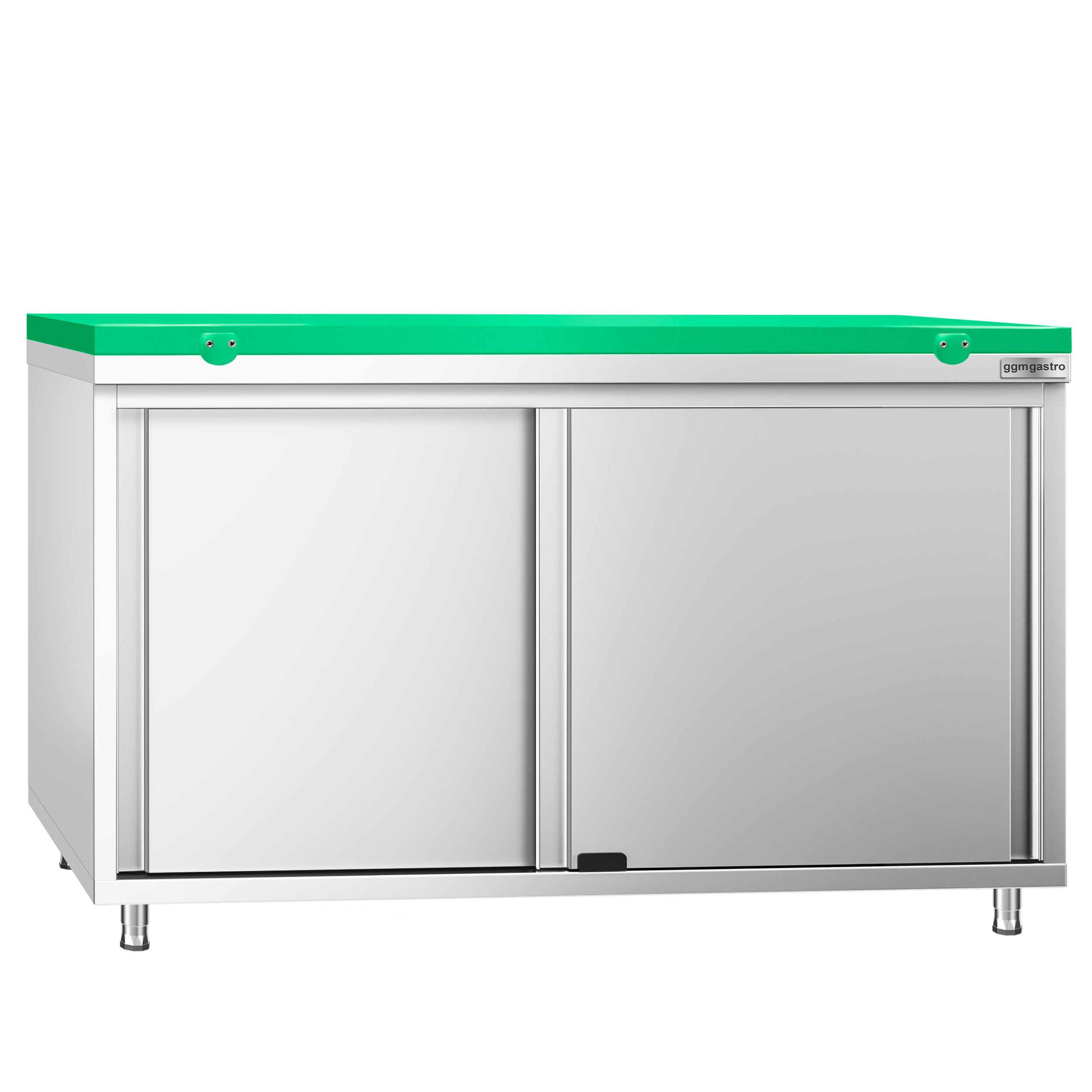 Table armoire en acier inoxydable PREMIUM - 1400x700mm - avec portes coulissantes et étagère basse - pour fruits et légumes - incl. plateau de découpe Vert PEHD (HACCP)