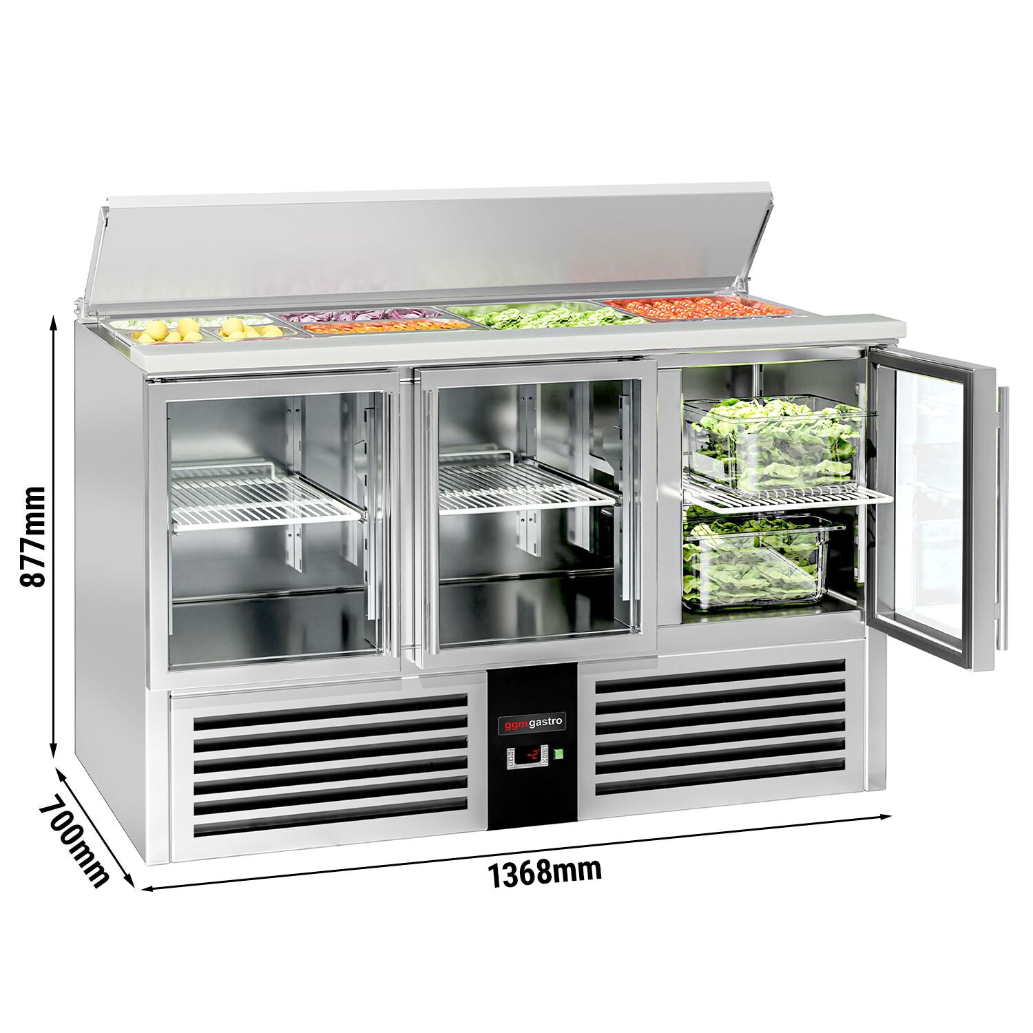 Saladette réfrigérée PREMIUM - 1368mm - 368L - 3 portes vitrées - avec découpe pour 4x GN 1/1 & Couvercle inox