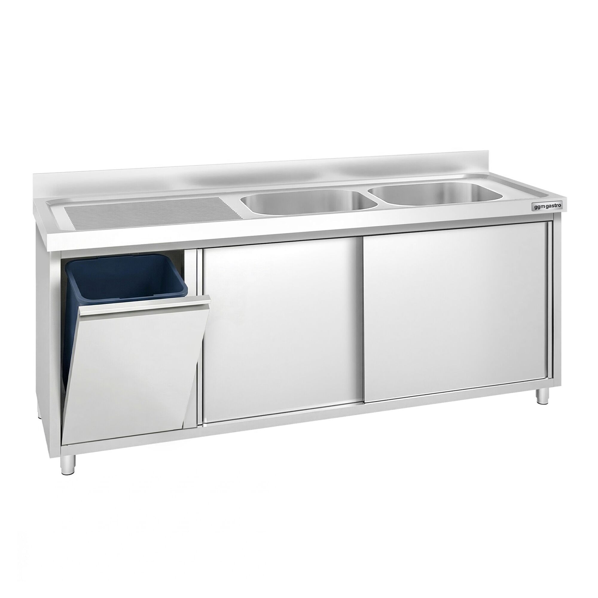 Meuble plonge PREMIUM - 2000x600mm - avec poubelle intégrée et 2 bacs
