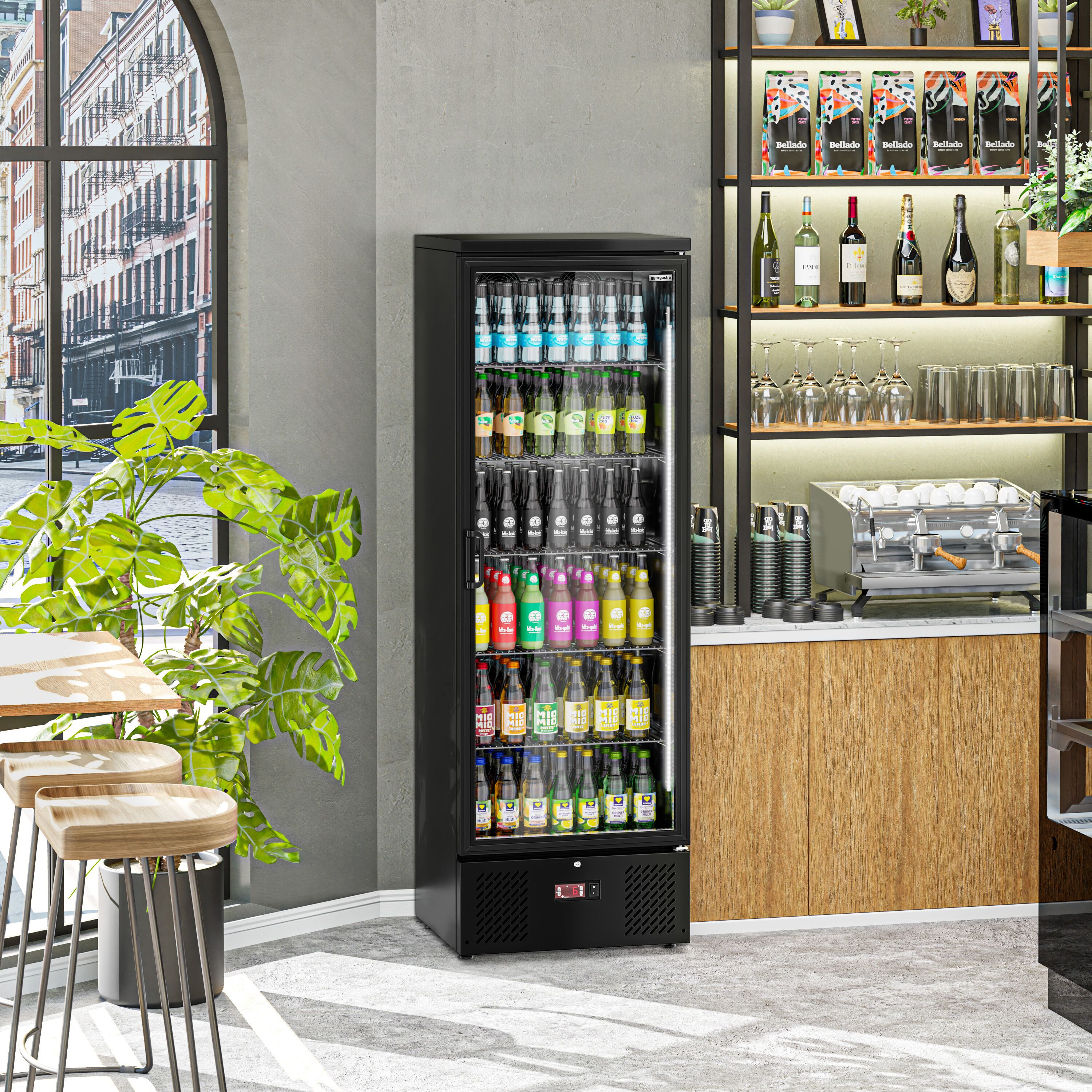 Commercial Beverage Display Fridge - 600mm - 292 Litres - stainless steel interior - with 1 hinged glass door - digital controller with temperature display - Black - Temperature range 2 to 8 °C