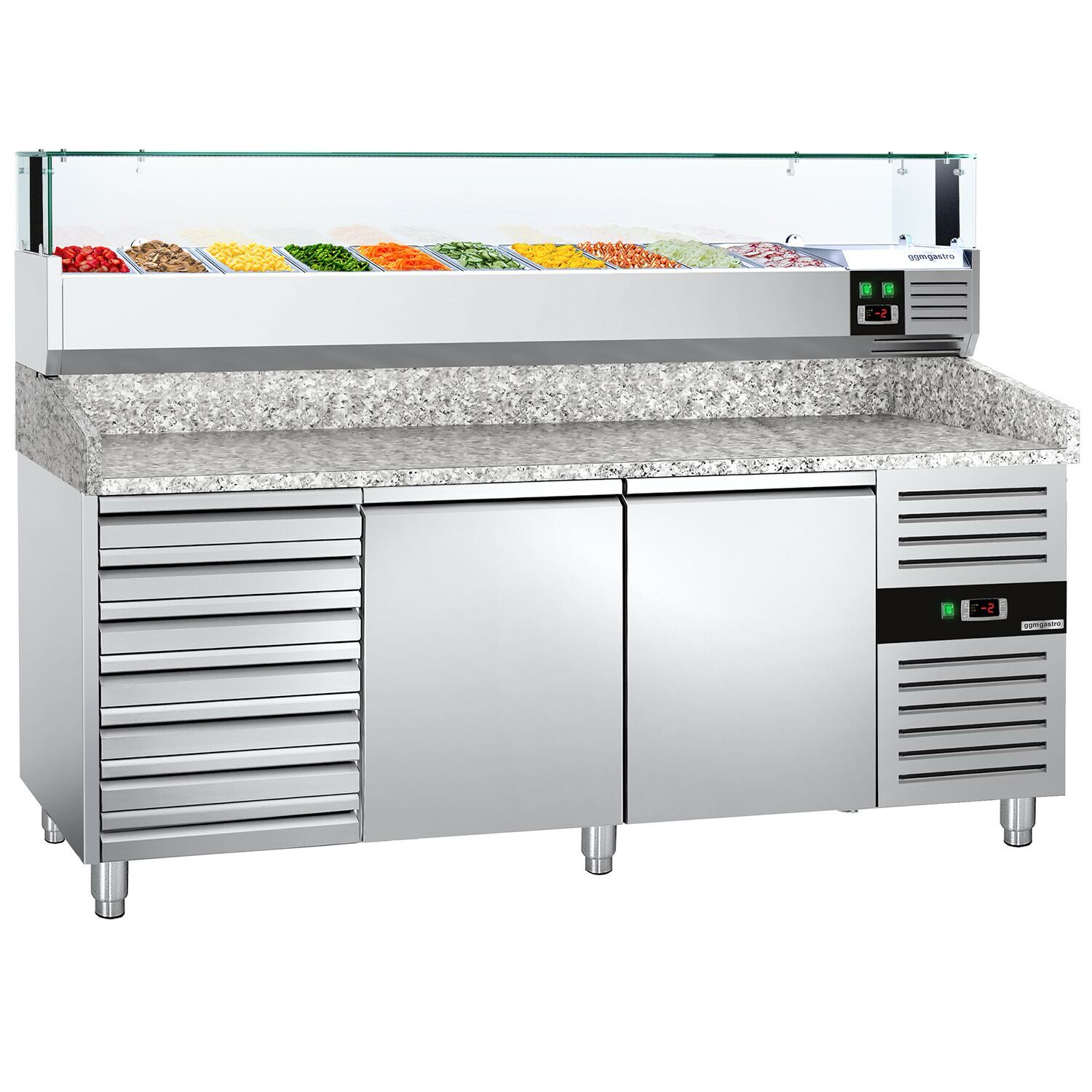 Table réfrigérée pour pizza PREMIUM - 2000 x 800 mm - avec 2 portes & 7 tiroirs - incl. vitrine réfrigérée avec LED - 10 x GN 1/4