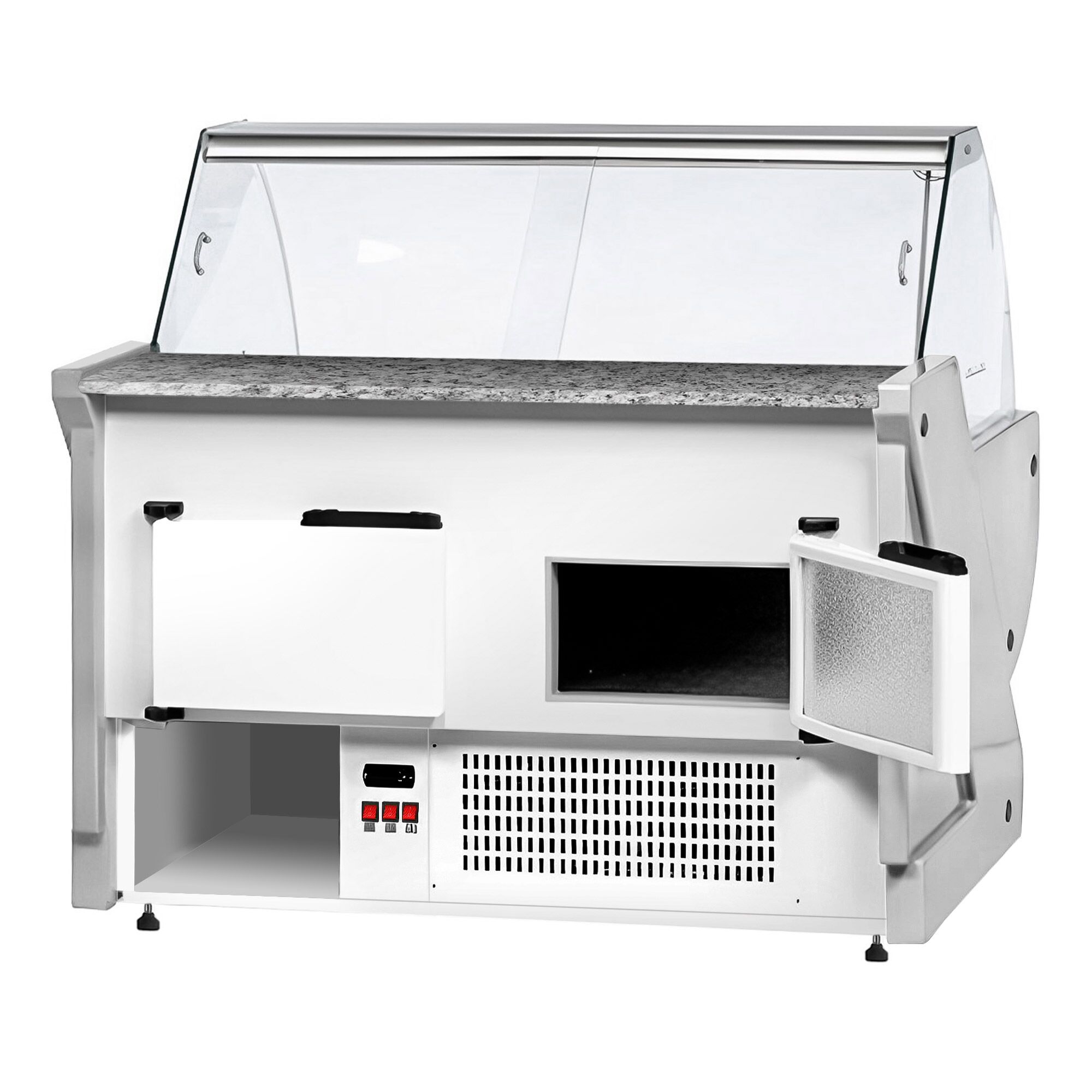 Serve Over Counter - 1525x1150mm - granite worktop - red front - capacity 300 litres - curved front glass