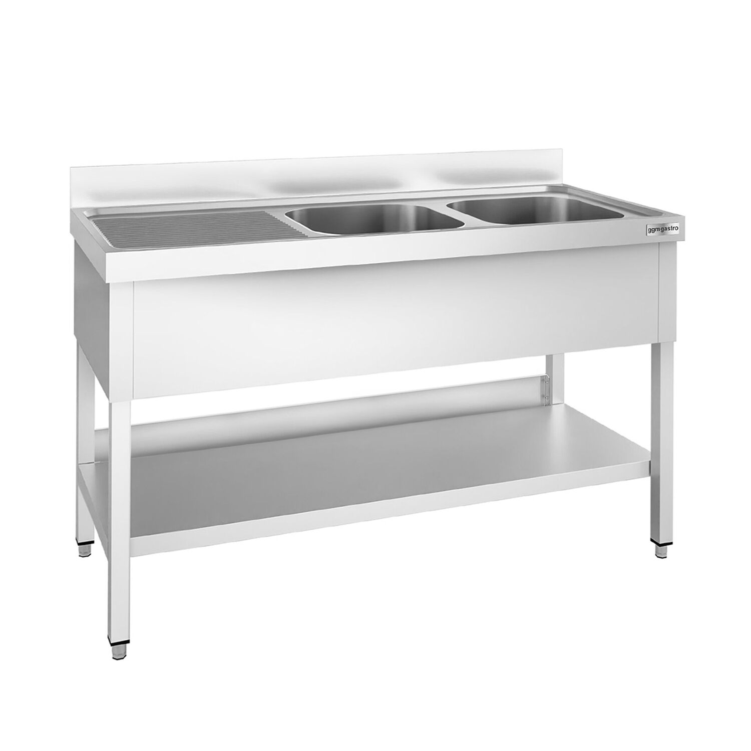 Plonge en inox PREMIUM - 1400x700mm - avec étagère basse - 2 bacs à droite
