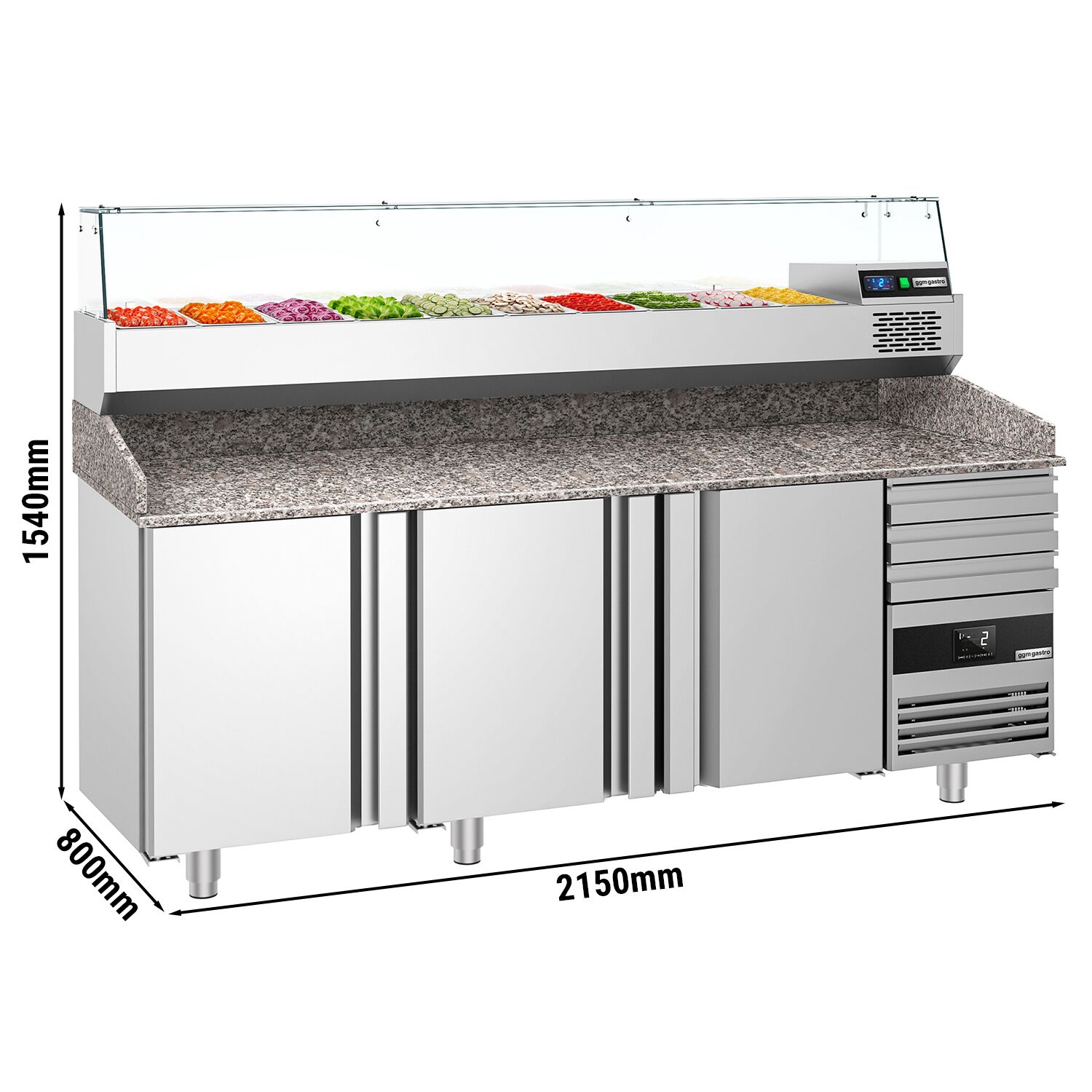 Table réfrigérée à pizza PREMIUM - 2150x800 mm - avec 3 portes & 3 tiroirs - incl. vitrine réfrigérée - 10x GN 1/3