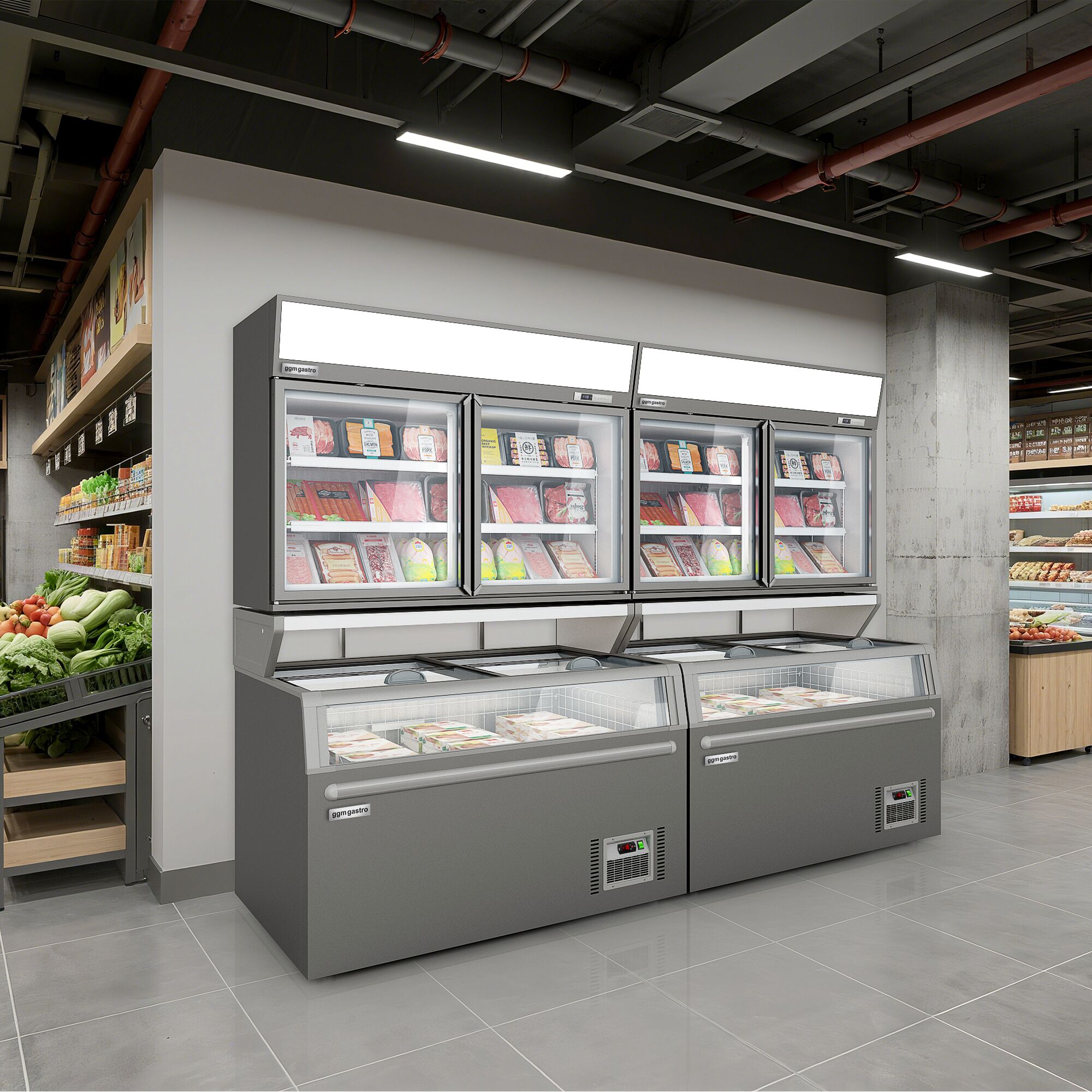 Vitrine murale de congélation pour supermarché - 1450 mm - 232 litres - avec 2 portes & 2 étagères - Gris