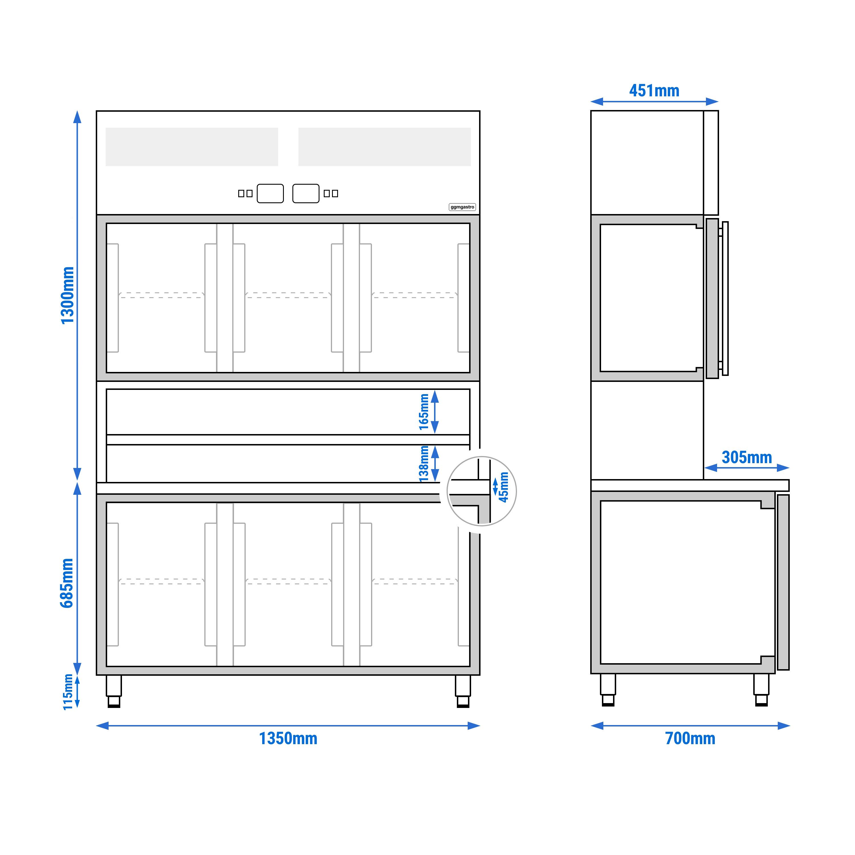 Table réfrigérée avec étagère murale réfrigérée - 1350x700 mm - 3 portes vitrées en haut, 3 portes en bas - surface de travail
