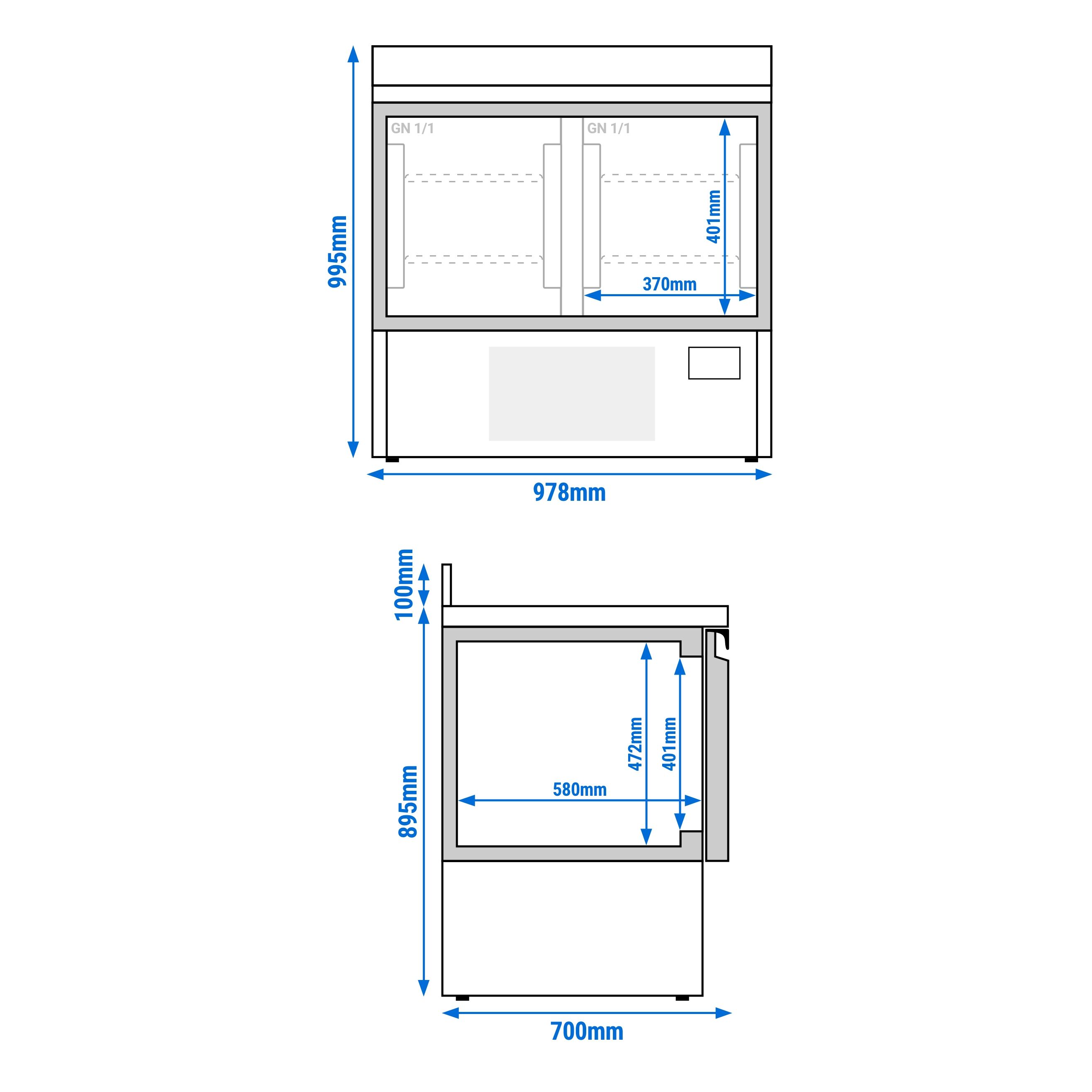 Table réfrigérée PREMIUM PLUS - 980 x 700 mm - avec 2 portes - avec dosseret