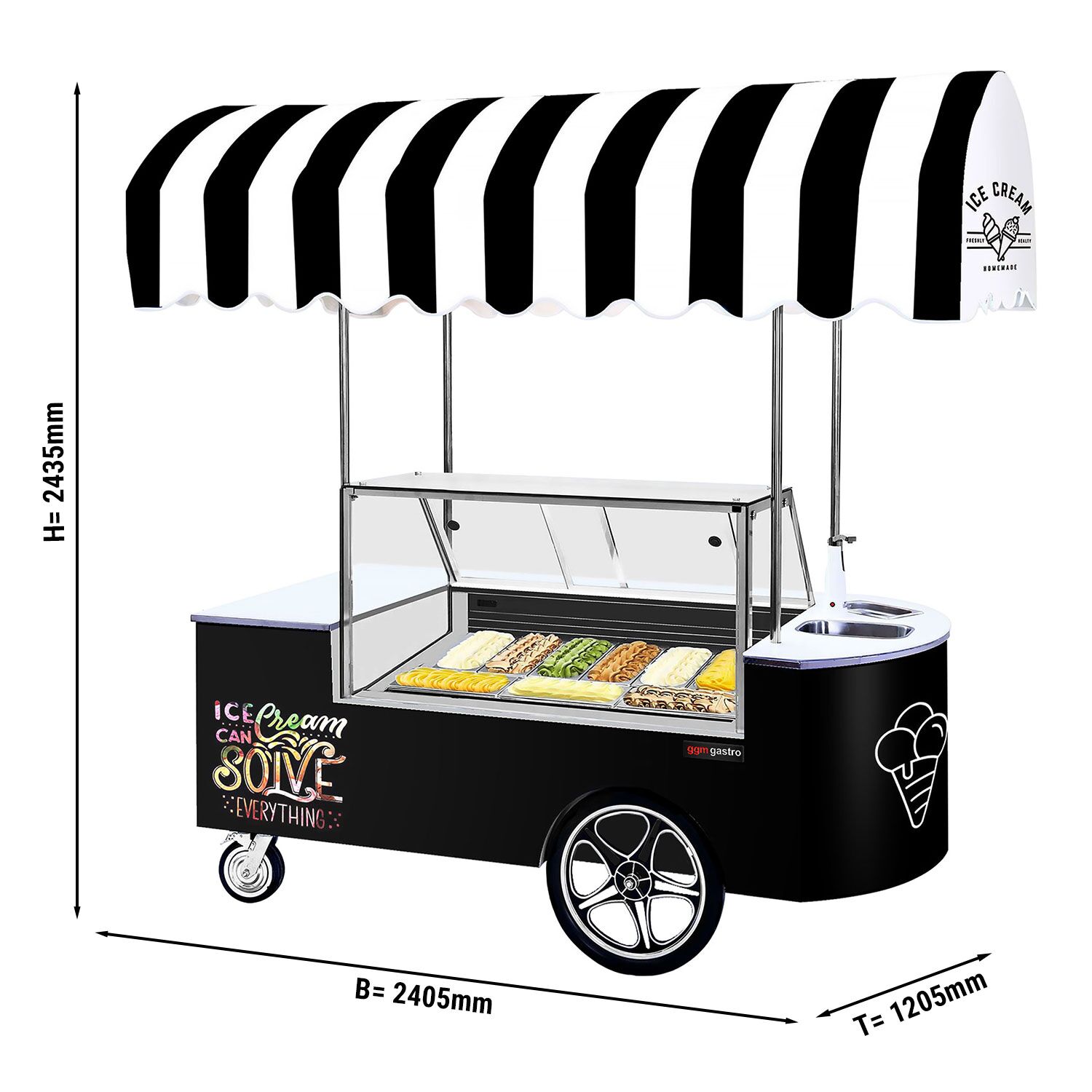 Chariot à glace – 2146 mm – avec évier et vitrine à glace rectangulaire – pour 9 bacs à glace de 5 litres