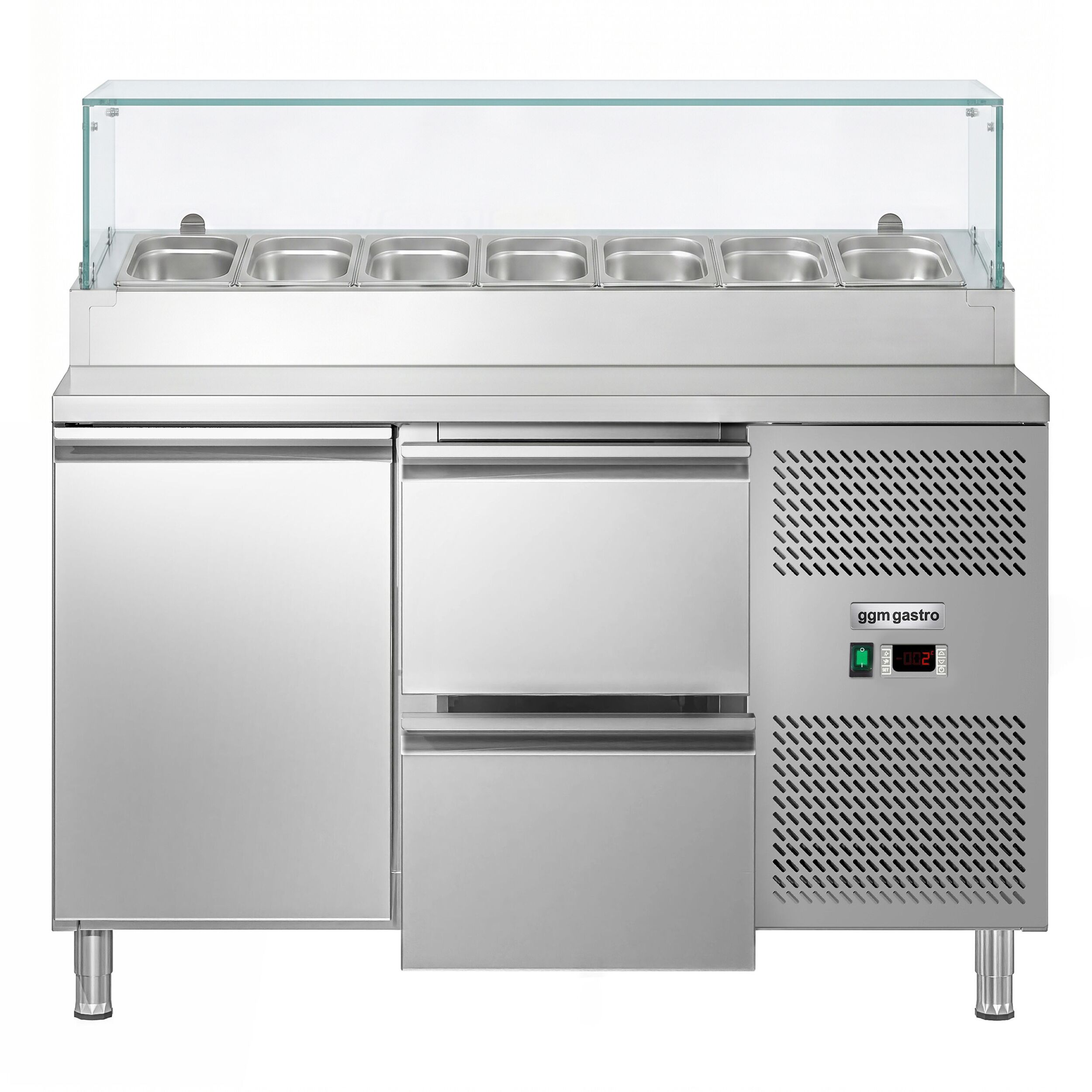 Zubereitungstisch ECO - 1360mm - 1 Tür & 2 Schubladen - mit Glasaufsatz - für 7x GN 1/3