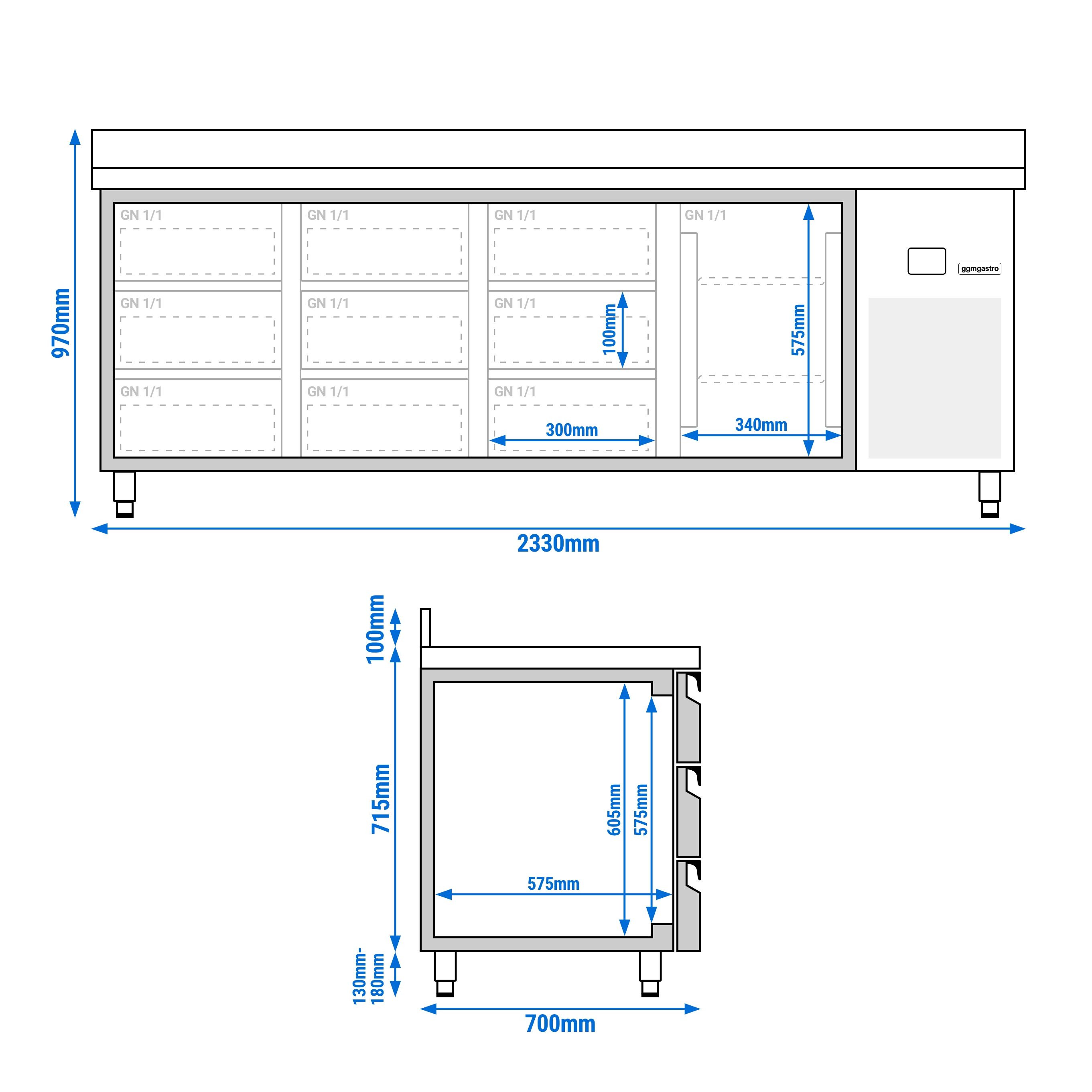 Table réfrigérée PREMIUM - 2330 x 700 mm - avec 1 porte - 9 tiroirs - avec dosseret