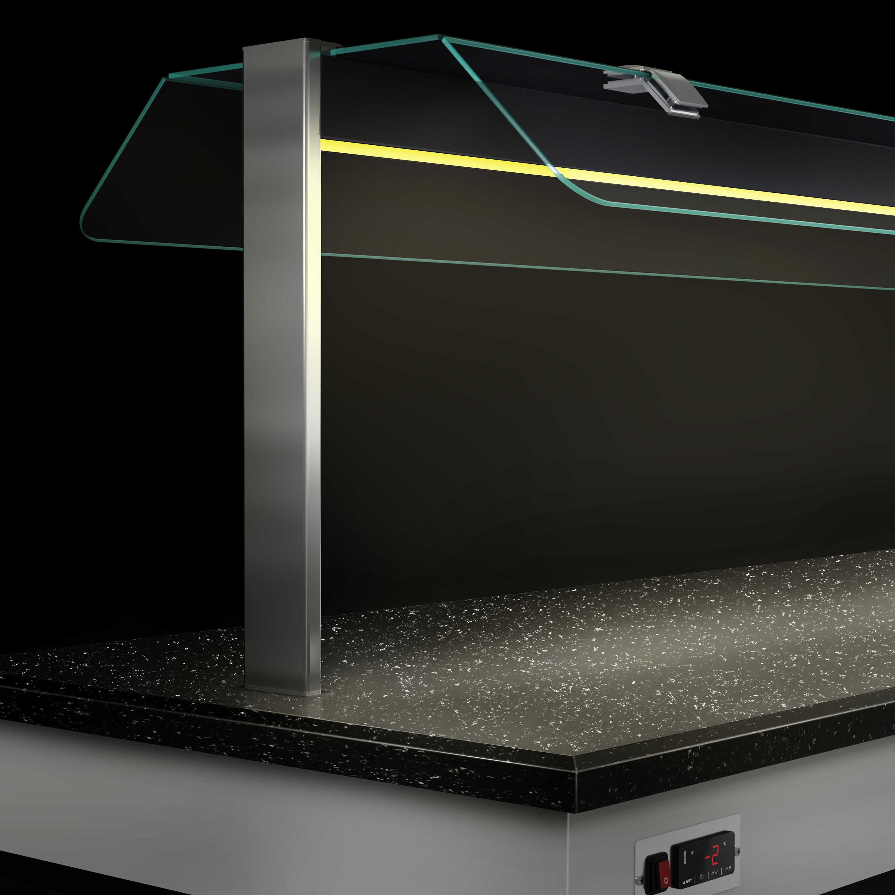 Refrigerated Buffet Display DUBLIN - 2000mm - with Refrigerated Frost Top + Flat Glass Sneeze Guard - on Castors - Black