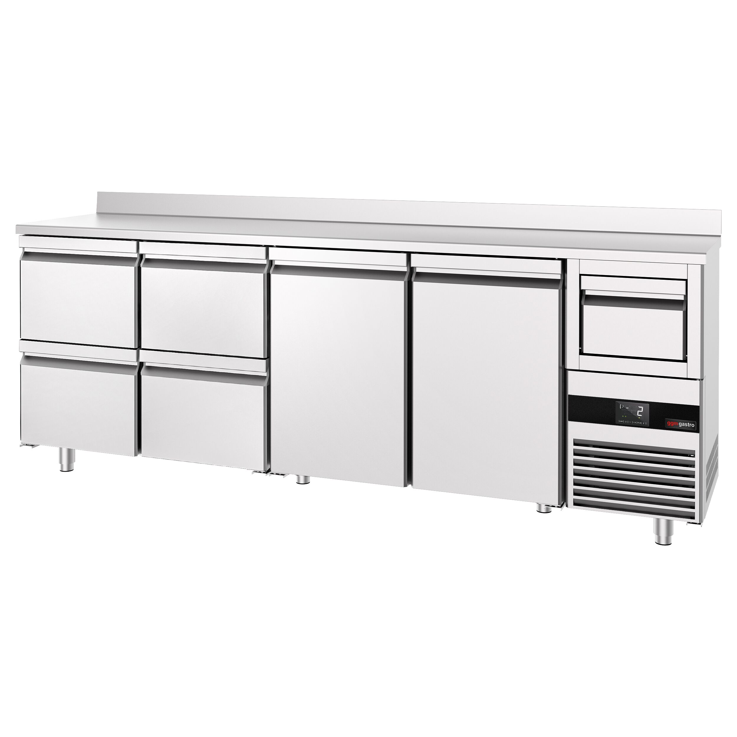 Arrière-bar réfrigéré professionnel  PREMIUM - 2690 x 600 mm - avec 2 portes et 4 tiroirs - avec dosseret - avec tiroir à marc de café