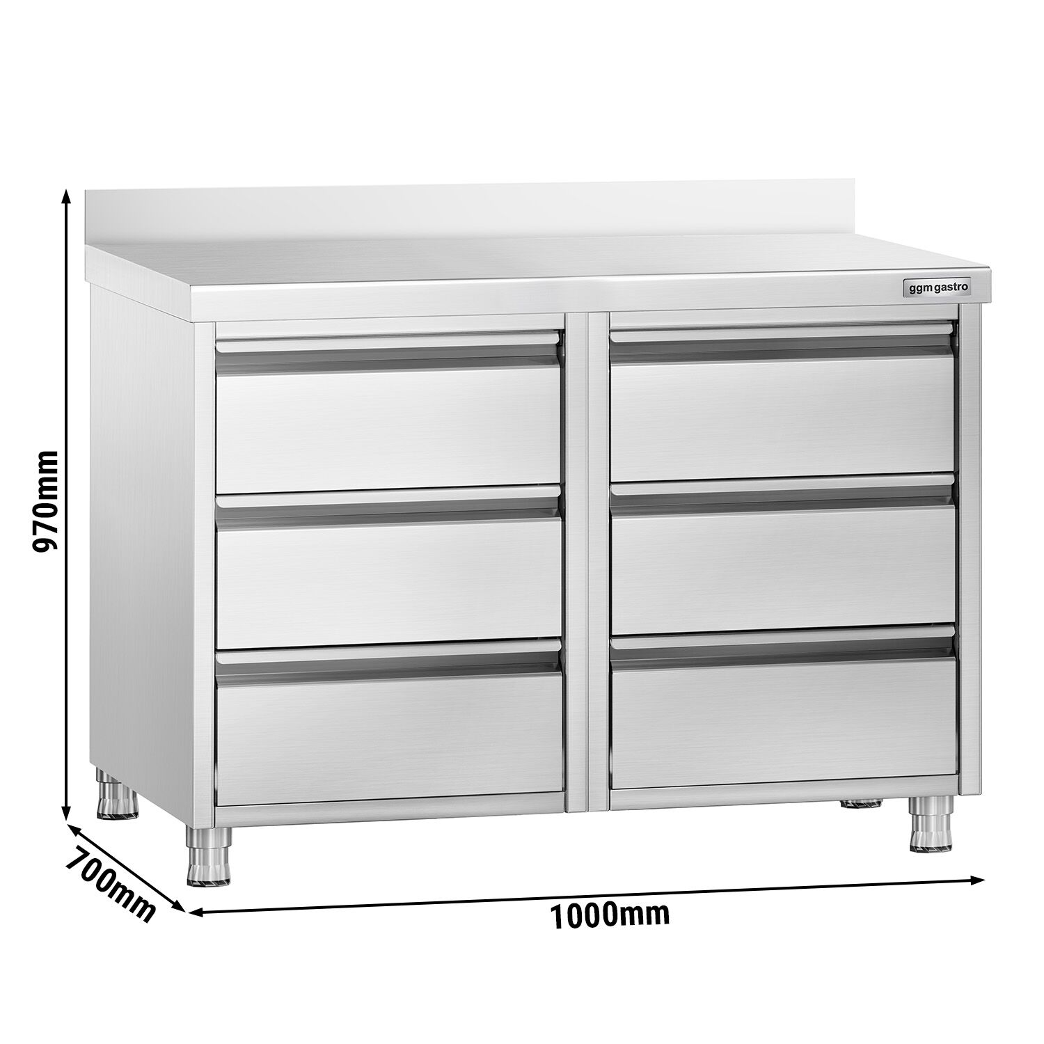 Meuble bas à tiroirs PREMIUM - Acier inoxydable - avec 6 tiroirs & dosseret 100mm - 1000x700mm