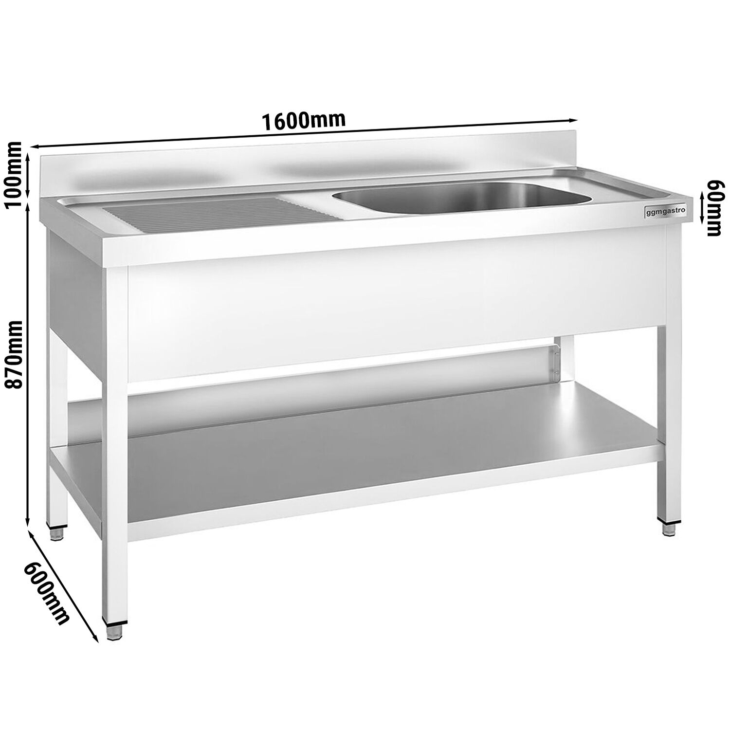 Plonge en inox PREMIUM - 1600x600mm - avec étagère basse - 1 bac à droite