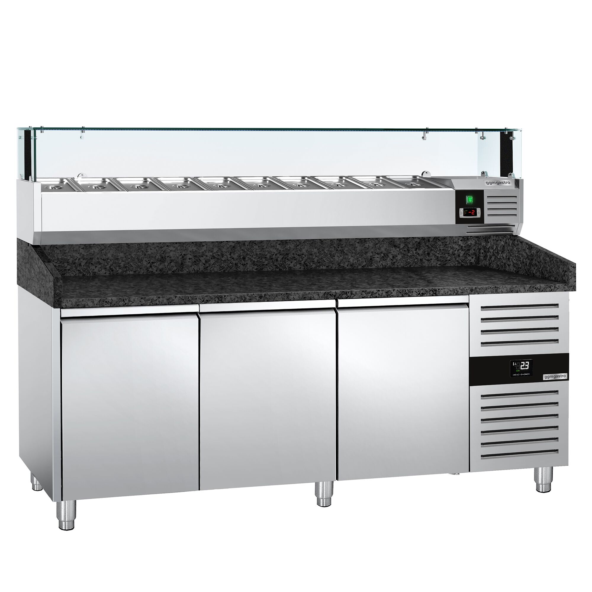 Table réfrigérée à pizza PREMIUM - 2000 x 800 mm - avec 3 portes - incl. vitrine réfrigérée LED - 10 x GN 1/4