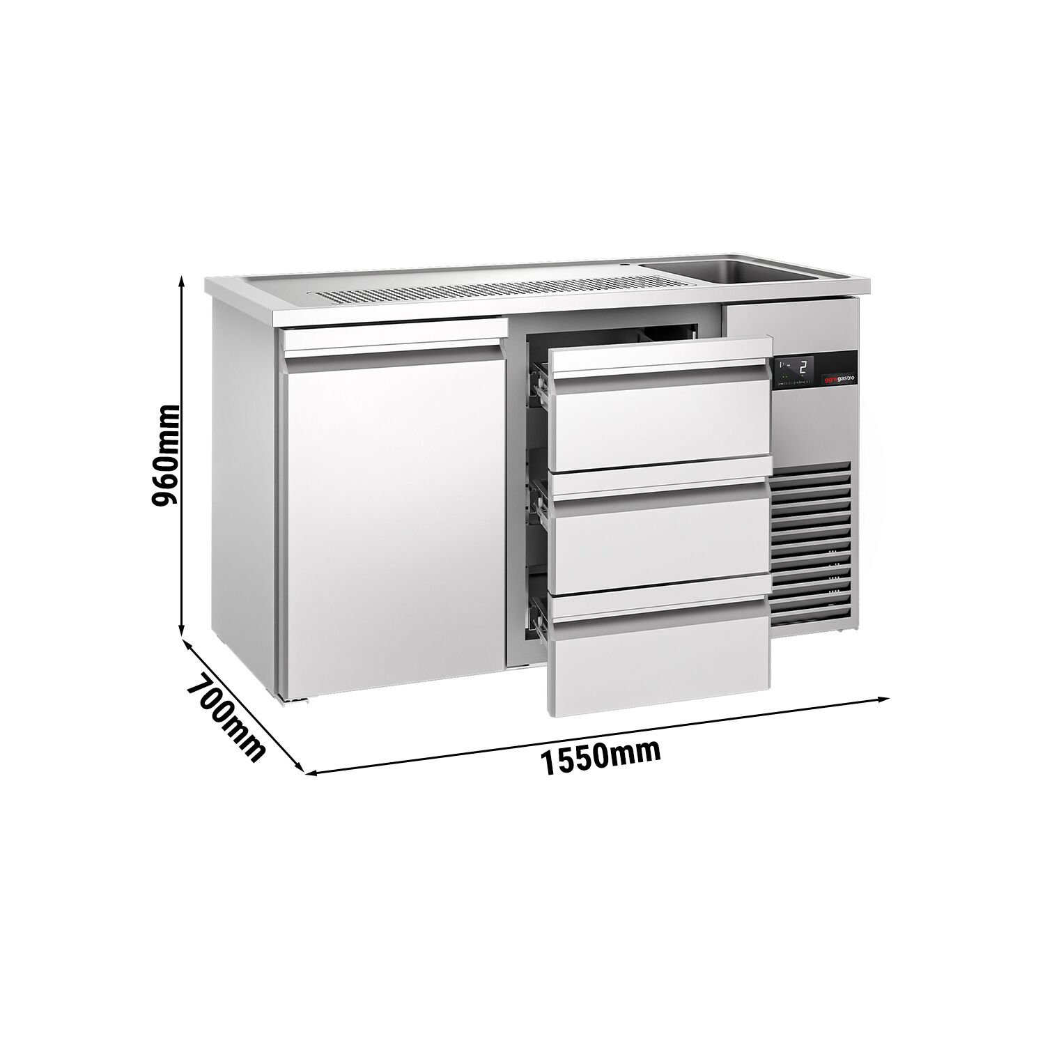 Comptoir de bar réfrigéré PREMIUM - 1550x700mm - 1 porte & 3 tiroirs