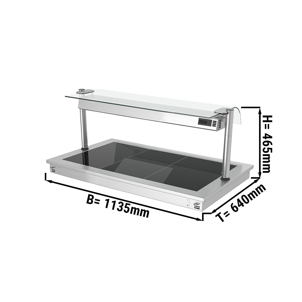De embutir Mesa de buffet quente PROFISSIONAL com placa vitrocerâmica em aço inoxidável - 1000mm - 3x GN 1/1 - 1,35kW - com resguardo de vidro contra salpicos