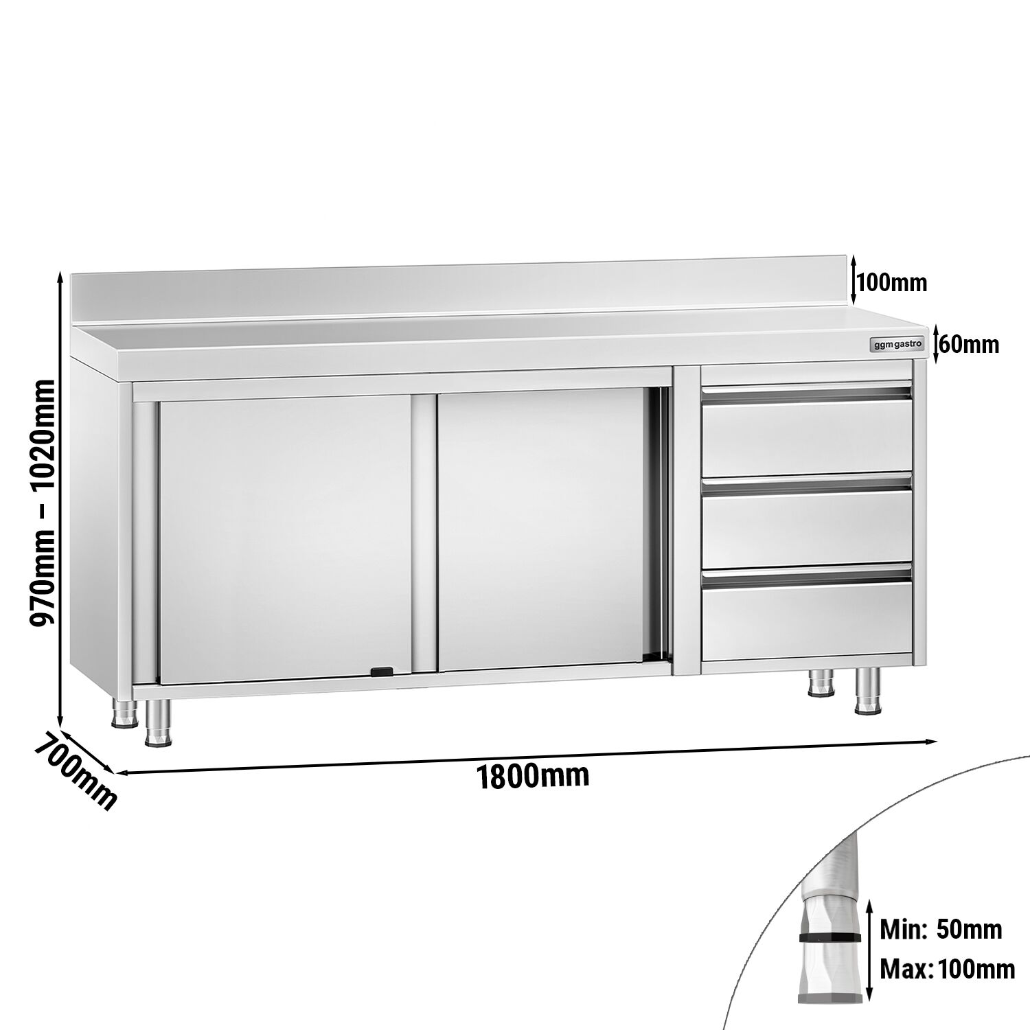 Table armoire en acier inoxydable PREMIUM - 1800x700mm - avec portes coulissantes et 3 tiroirs à droite - avec dosseret