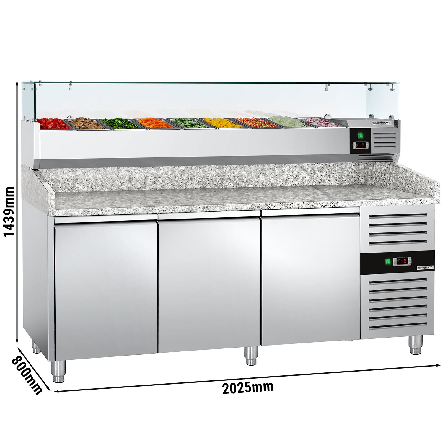 Table réfrigérée à pizza ECO - 2000 x 800 mm - avec 3 portes - incl. vitrine réfrigérée - 9 x GN 1/3