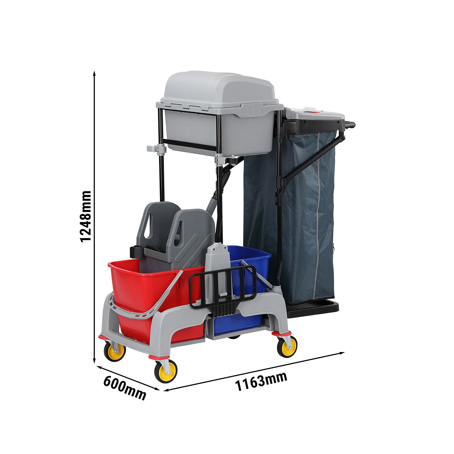 Chariot de nettoyage - ouvert - 2 seaux, presse à mop, sac à linge & étagère avec couvercle
