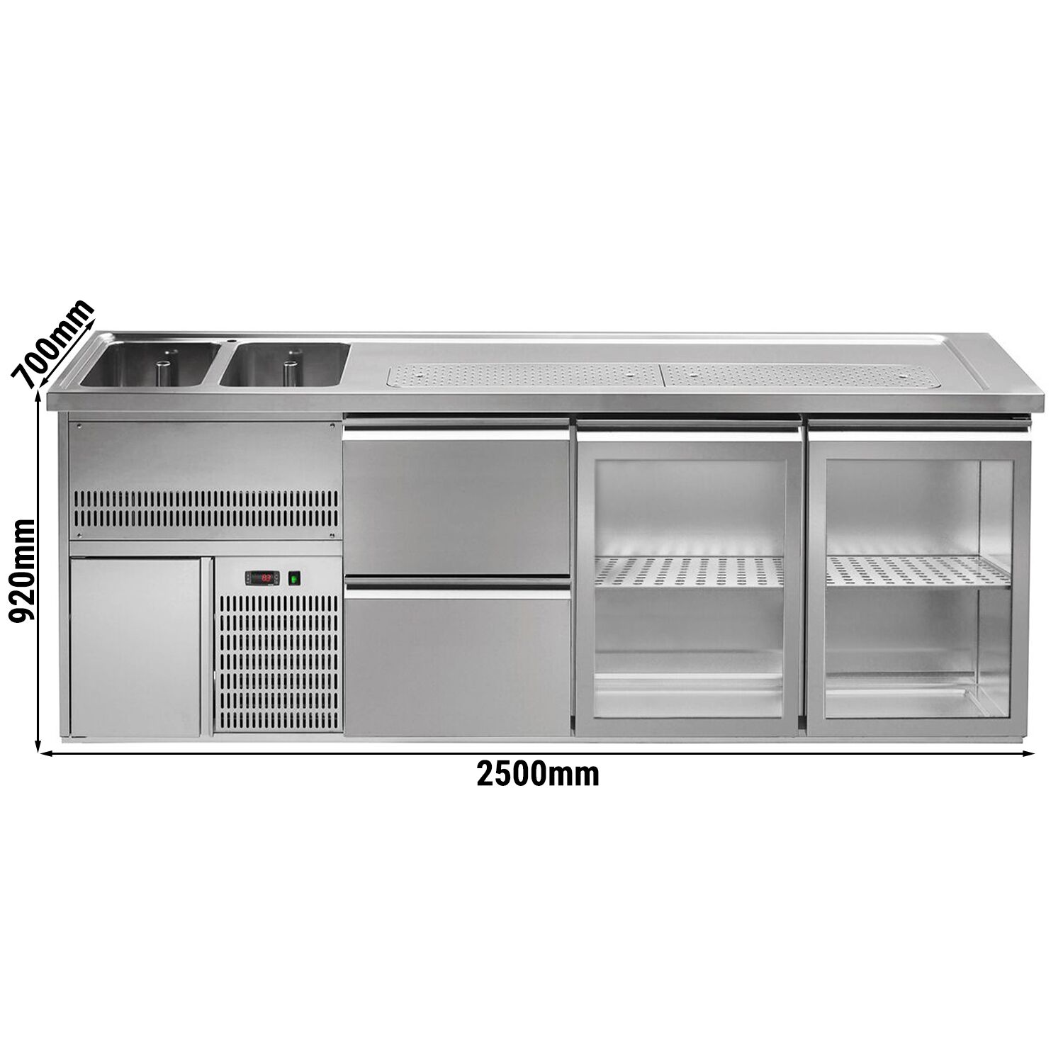 Comptoir de bar réfrigéré Premium PLUS - 2500x700mm - 2 portes vitrées & 2 tiroirs