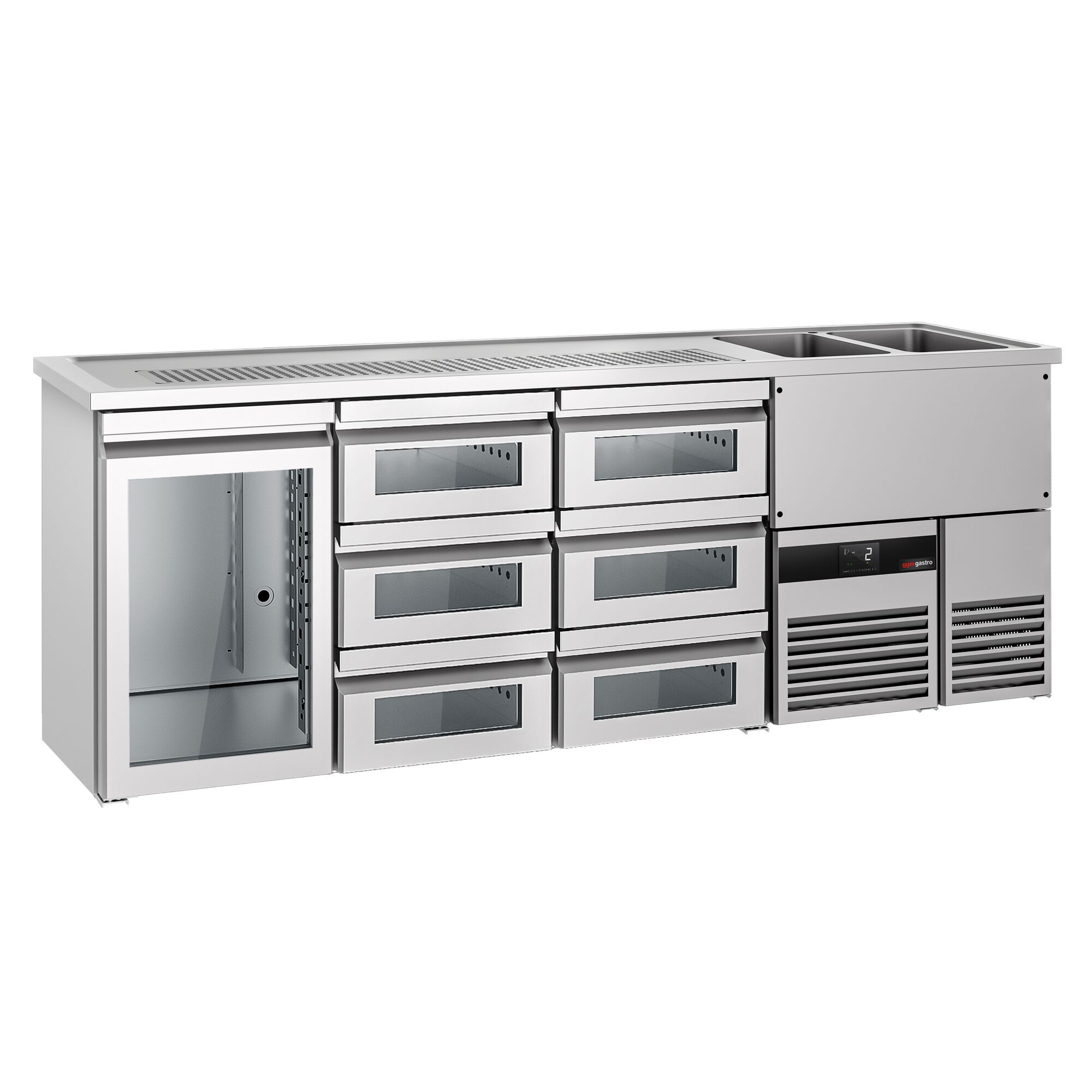 Comptoir de bar réfrigéré PREMIUM - 2500x700mm - 1 porte vitrée & 6 tiroirs en verre