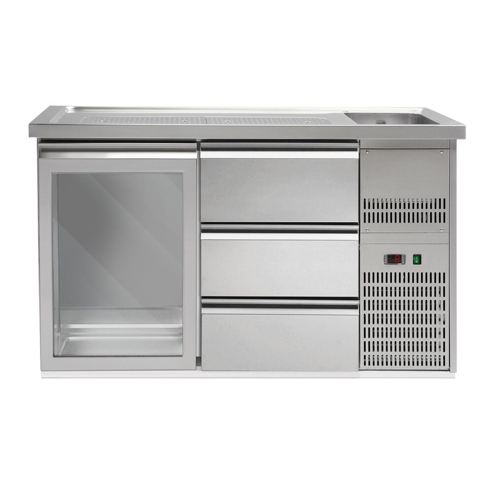 Comptoir de bar réfrigéré Premium PLUS – 1550 × 700 mm – 1 porte vitrée & 3 tiroirs