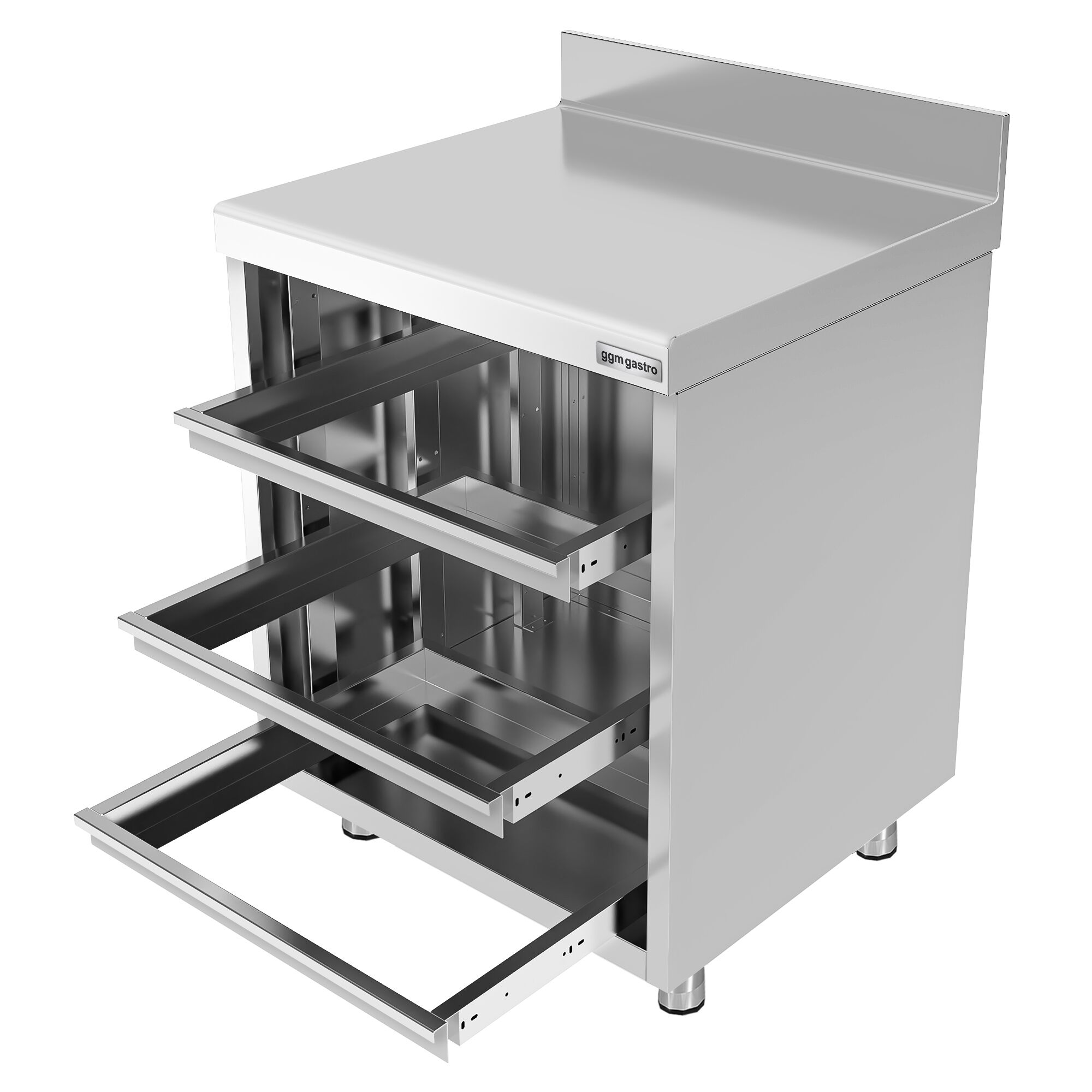 Szafka robocza ze stali nierdzewnej - 647x600mm - z 3 szufladami, z rantem