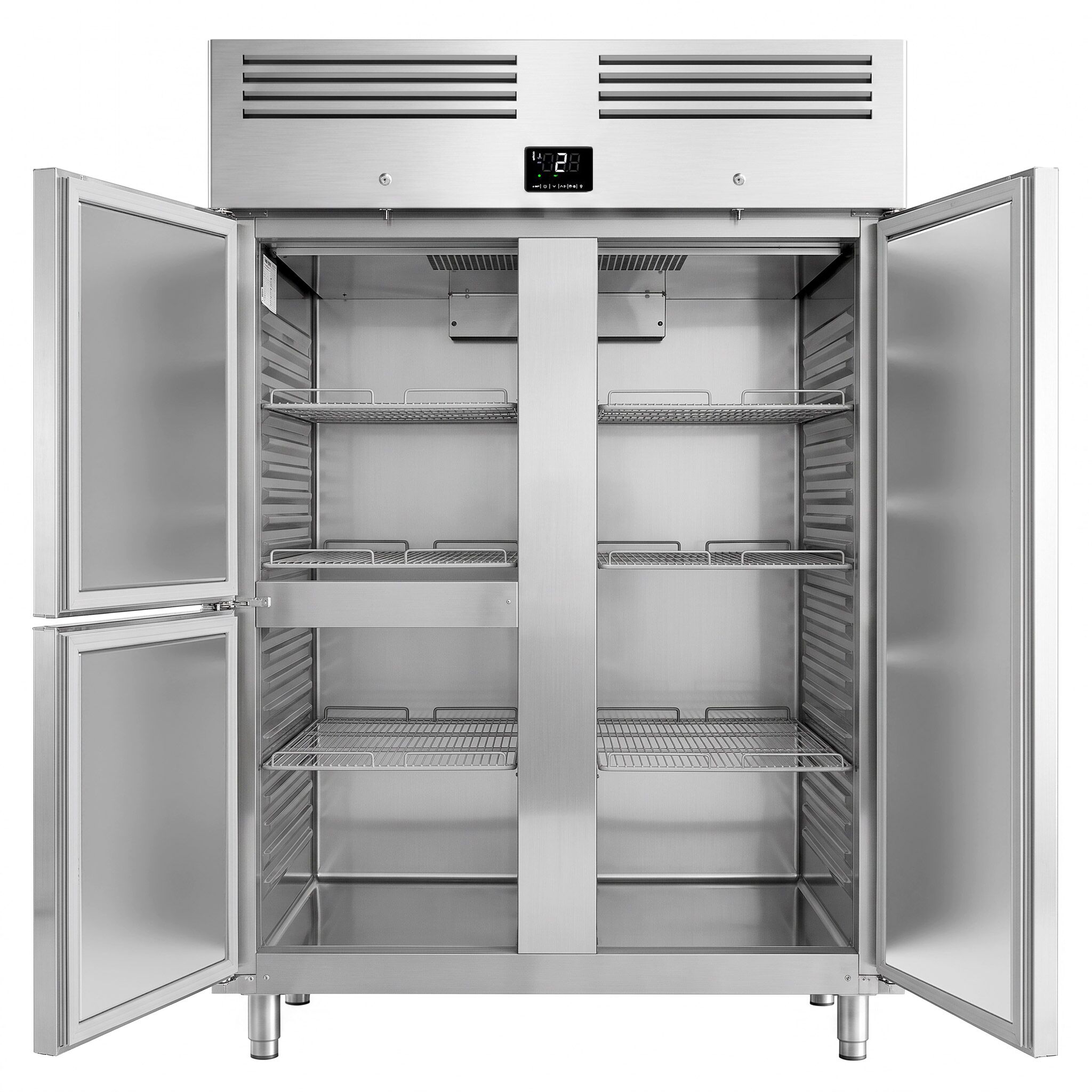 Koelkast RVS PREMIUM PLUS - GN 2/1 - 1385mm - 1240liter - tot +2°C tot +8°C - met 3 deuren - geforceerde koeling, LED‑verlichting, slot, automatische ontdooiing