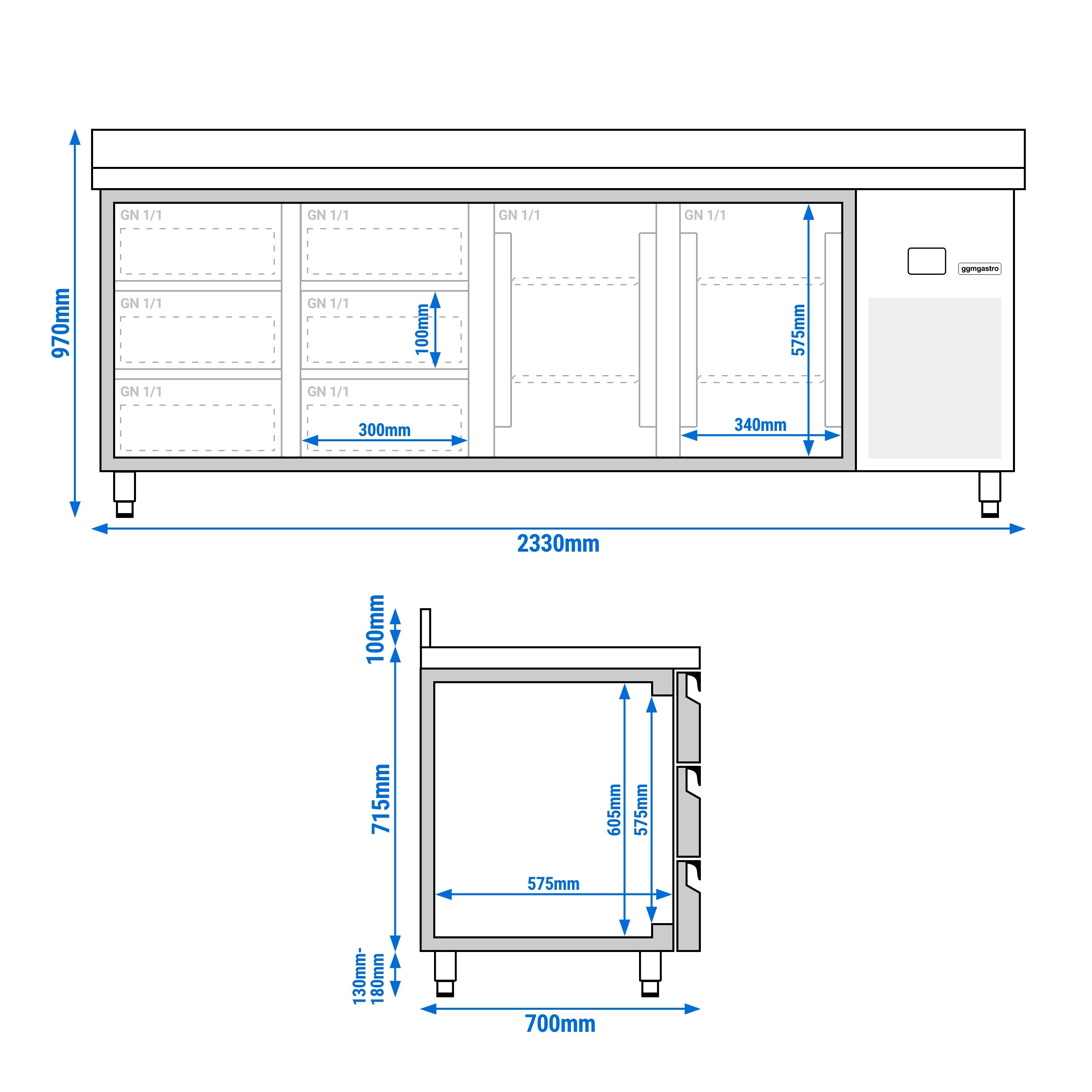 Table réfrigérée PREMIUM - 2330 x 700 mm - avec 2 portes - 6 tiroirs - avec dosseret