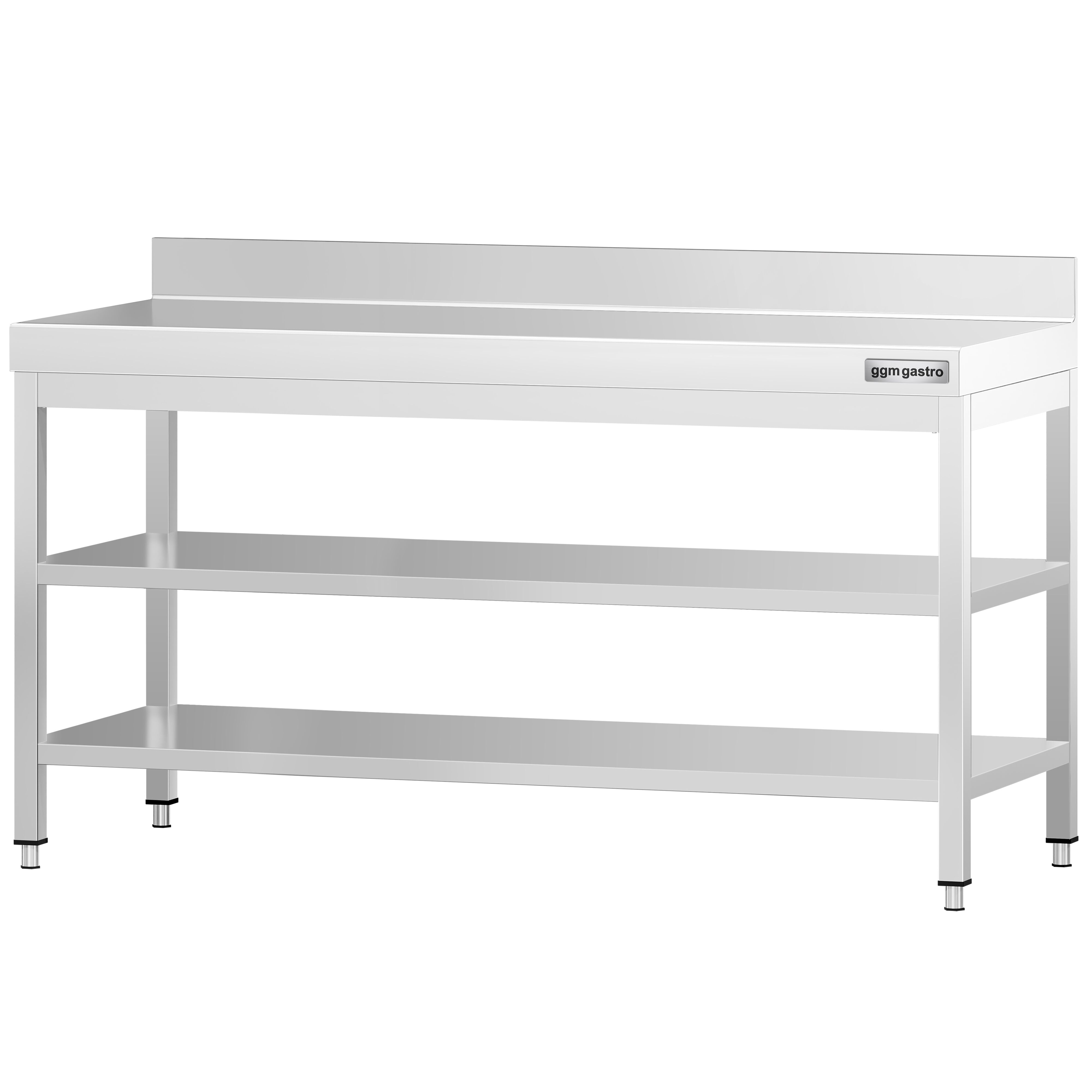 Table de travail inox PREMIUM - 2000 x 600 mm - avec tablette inférieure, Dosseret & Tablette intermédiaire