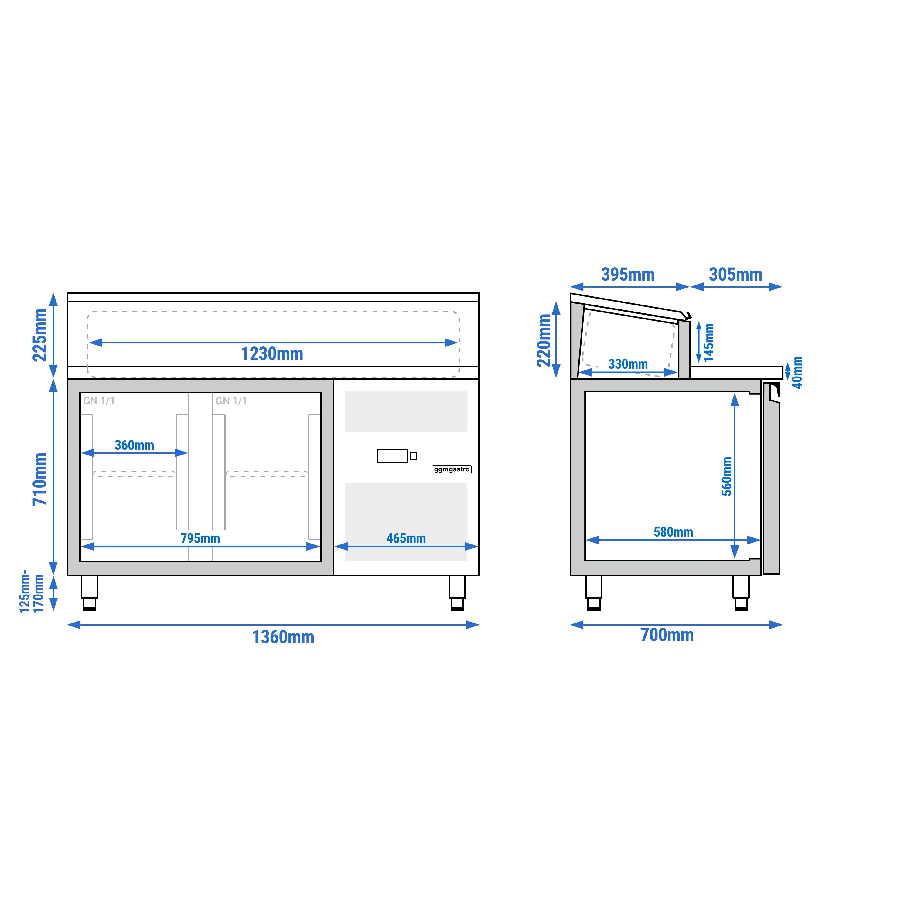Table de préparation PREMIUM – 1360 mm – 2 portes – pour 7 bacs GN 1/3