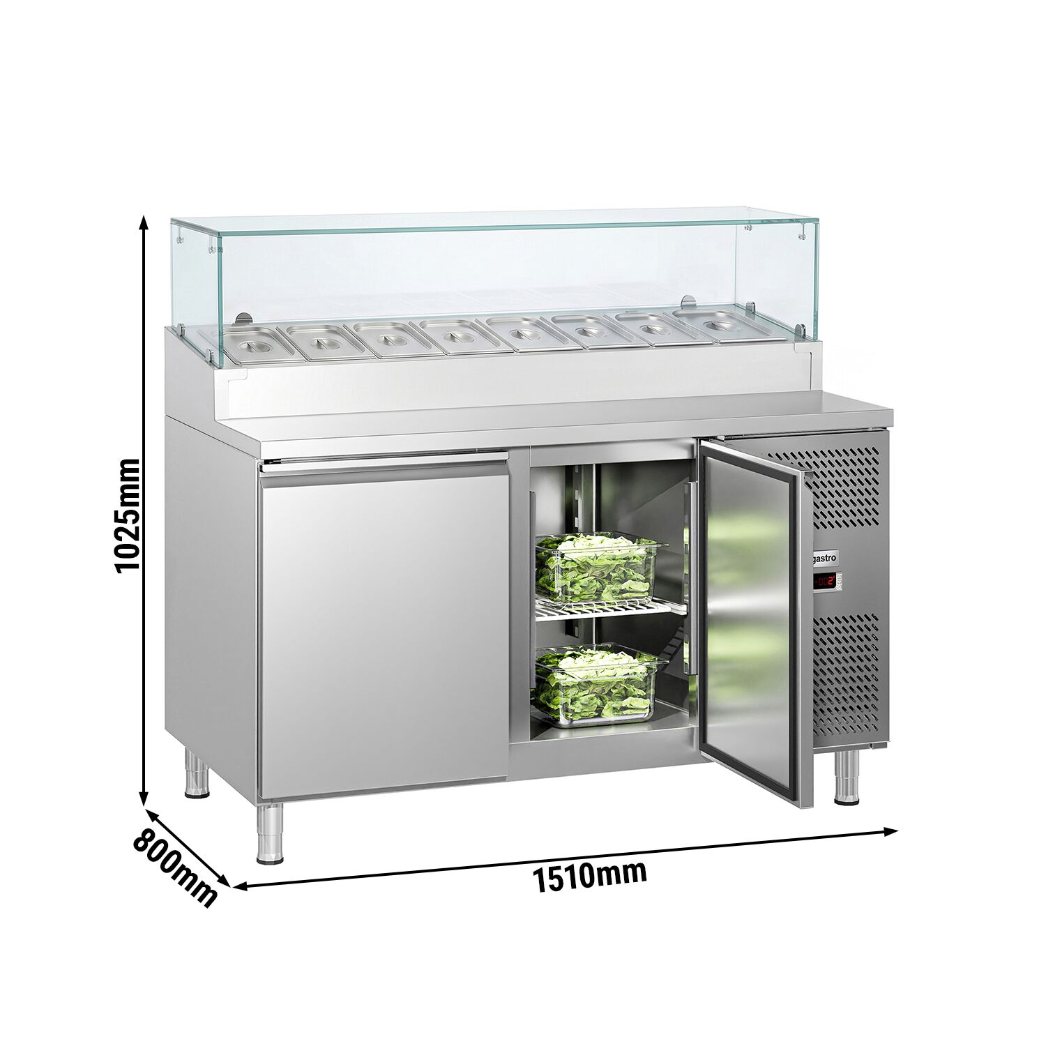 Zubereitungstisch ECO - 1510mm - 2 Türen - mit Glasaufsatz - für 8x GN 1/3