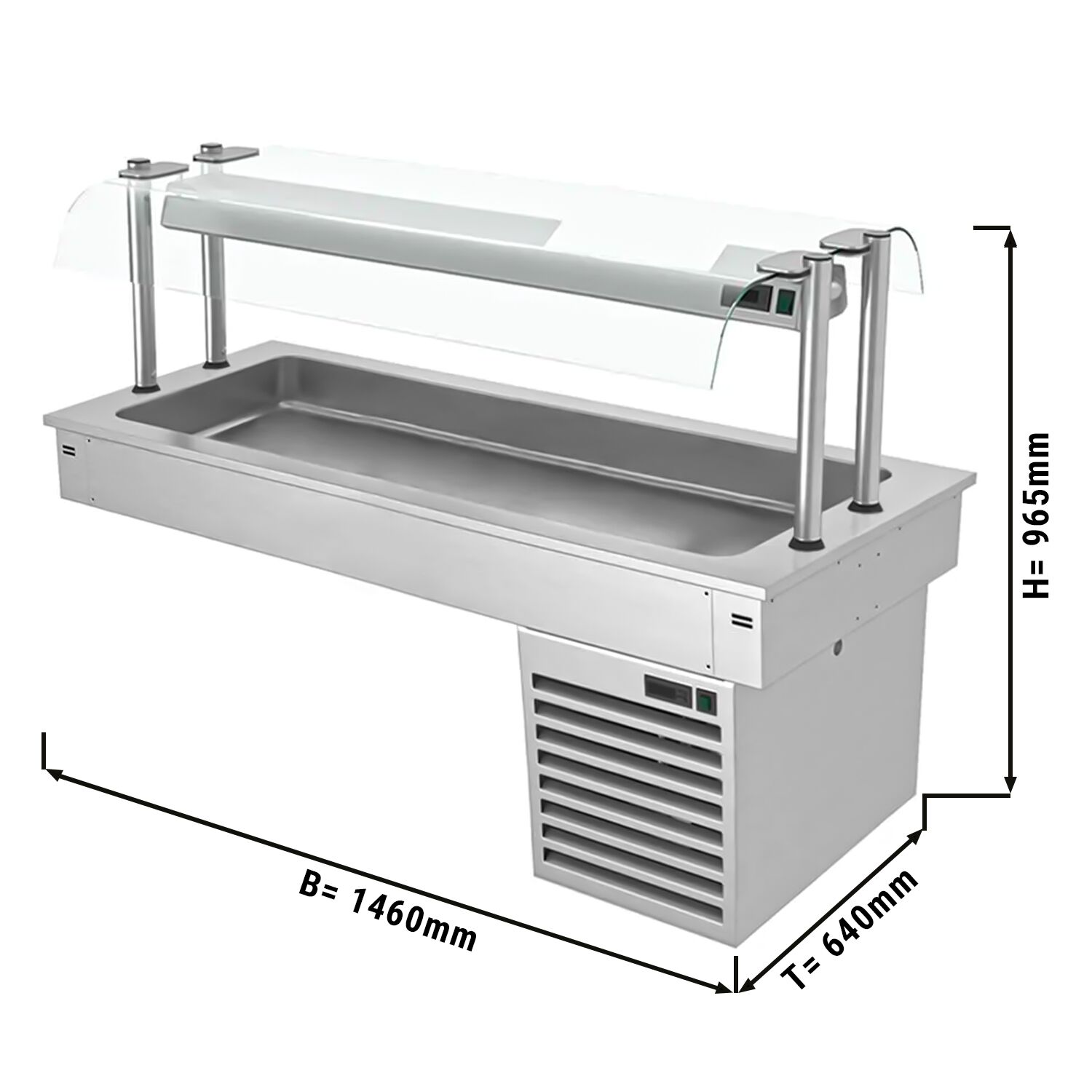 Commercial Drop-in Refrigerated Well - 1500mm - +2 to +8°C - 4x GN 1/1 - 390W - Square Glass - with Glass Sneeze Guard