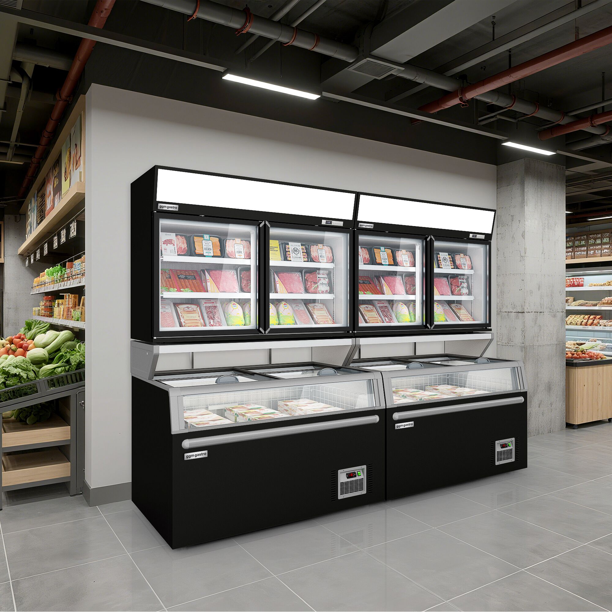 Vitrine murale de congélation pour supermarché - 1450 mm - 232 litres - avec 2 portes & 2 étagères - Noir