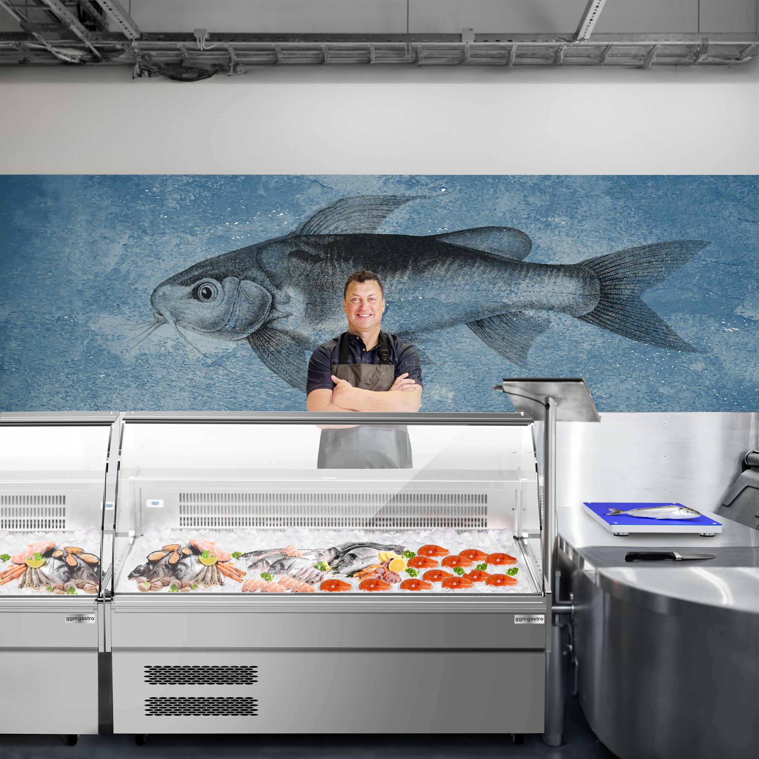 Fish Display Counter / Fish Serve Over Counter - 1875mm - curved front glass - LED lighting - with wheels