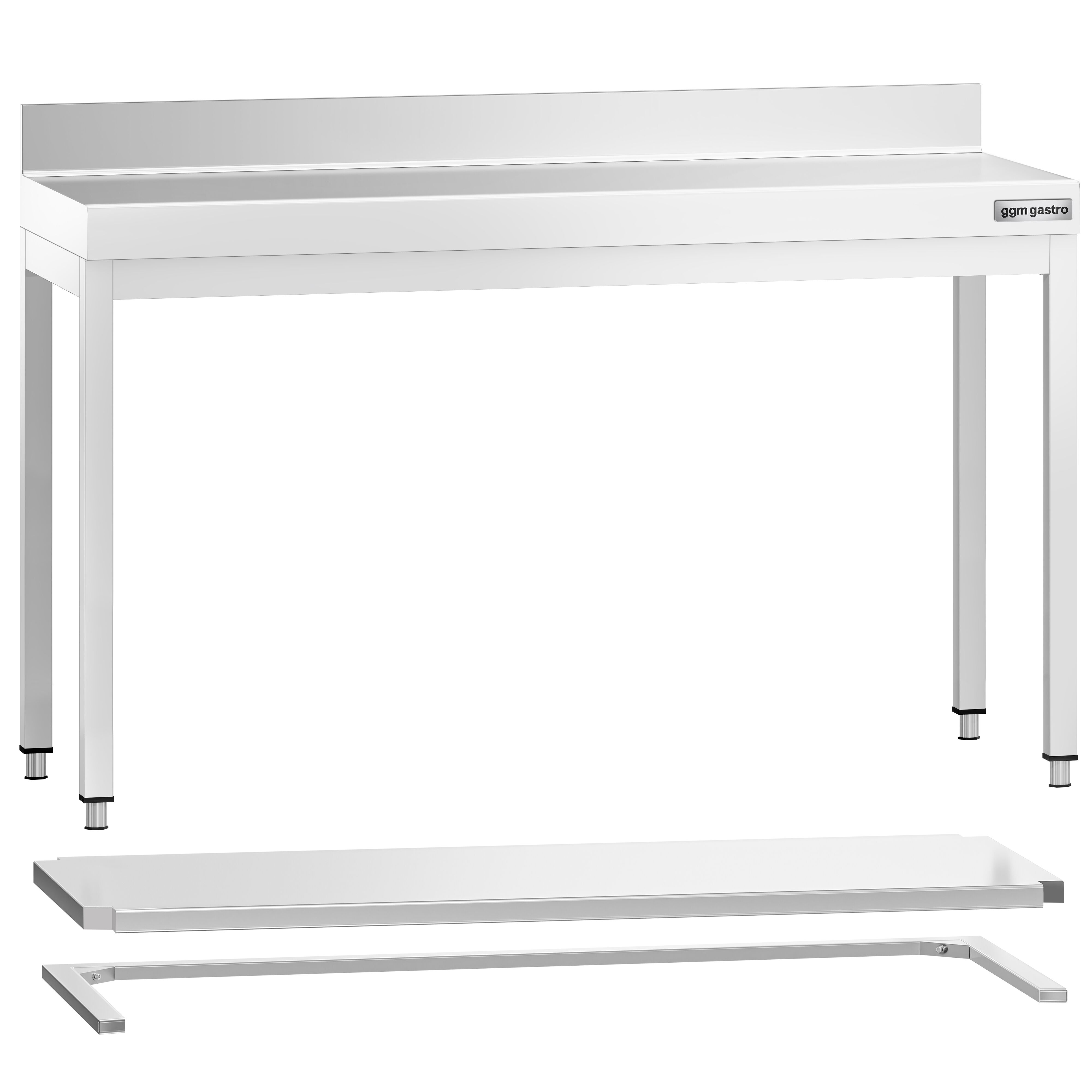Table de travail inox PREMIUM - 1400 x 700 mm - avec tablette inférieure, Dosseret & Renforts