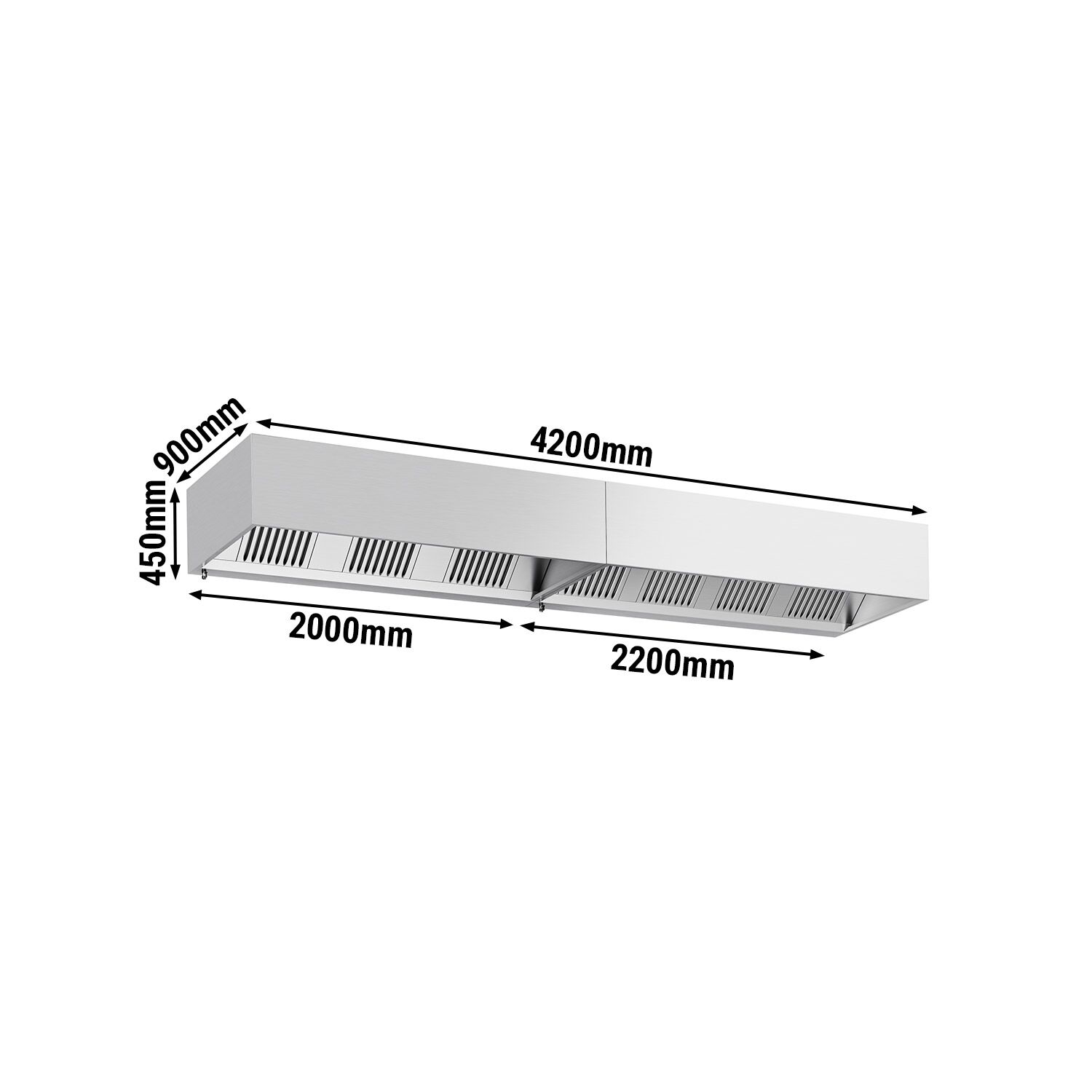 Hotte à adosser professionnelle - Profondeur 900 - 4200mm - sans moteur - avec filtres et éclairage