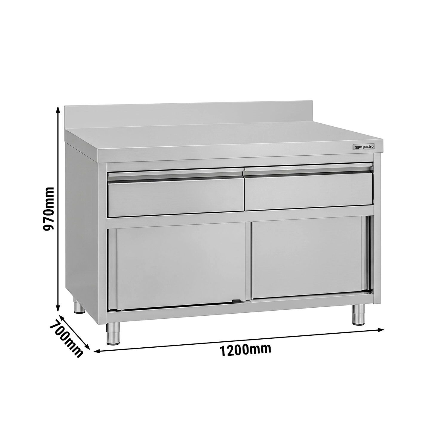 Roestvrijstalen werkkast ECO - 1200 x 700 mm - met 2 lades en opstaande rand