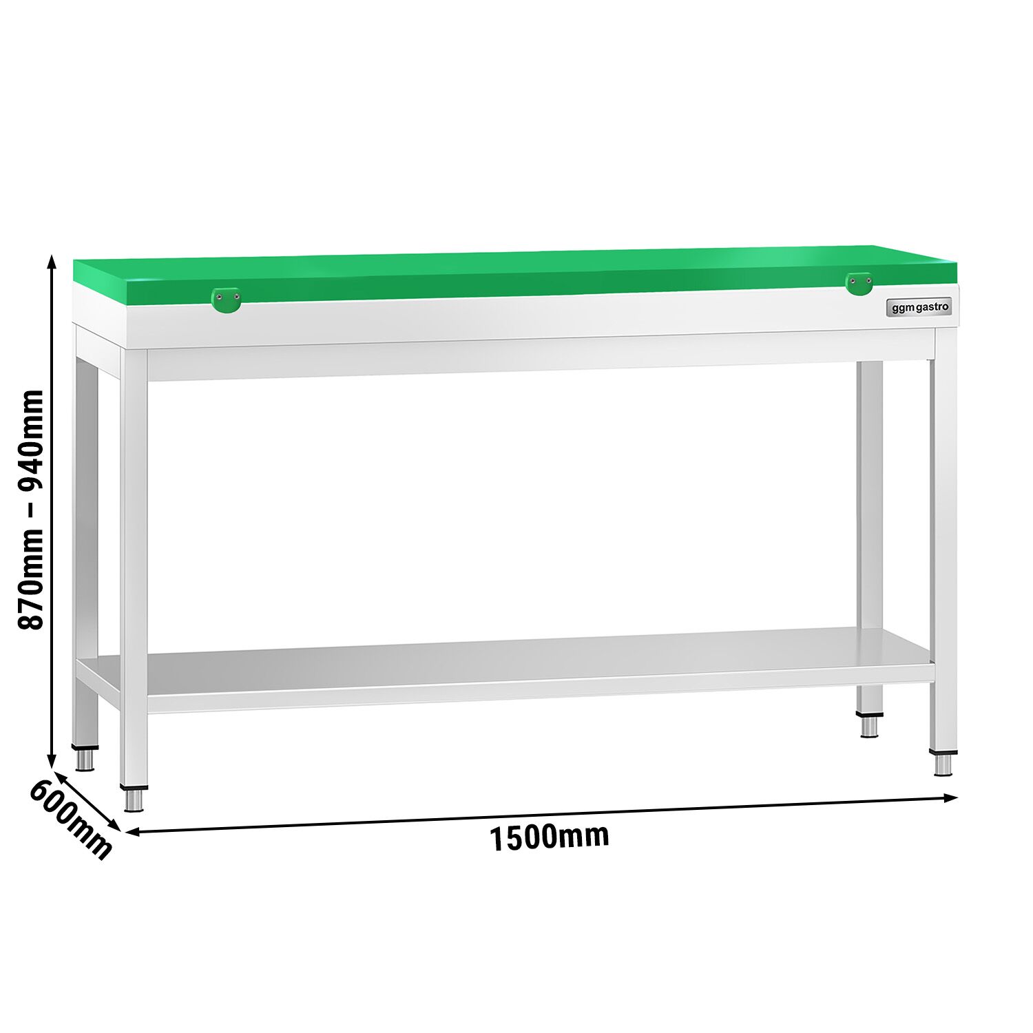 Table de travail inox PREMIUM - 1500 x 600 mm - avec tablette inférieure - incl. Planche à découper Verte