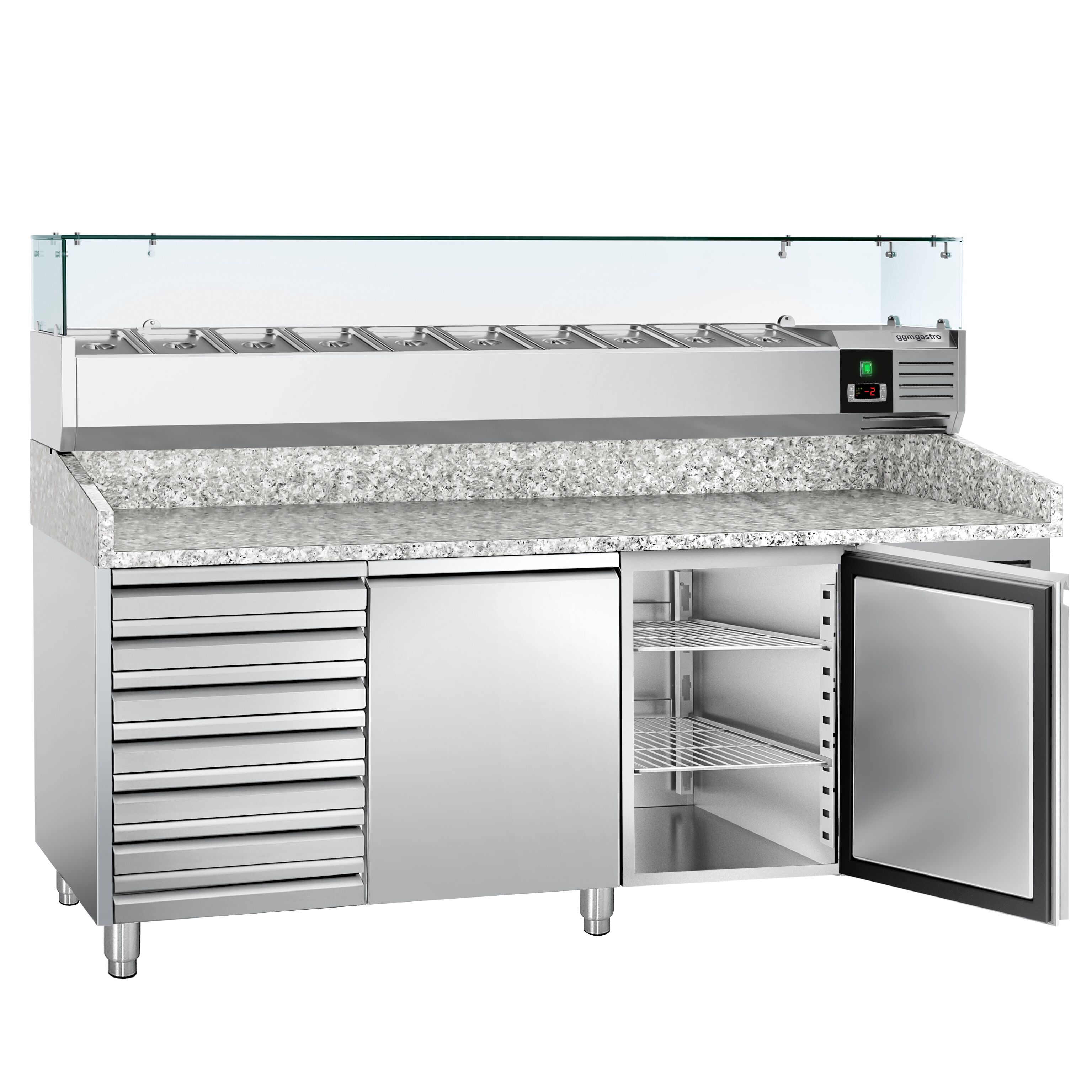 Table réfrigérée à pizza ECO - 2000 x 800 mm - avec 2 portes et 7 tiroirs - incl. vitrine réfrigérée - 9 x GN 1/3
