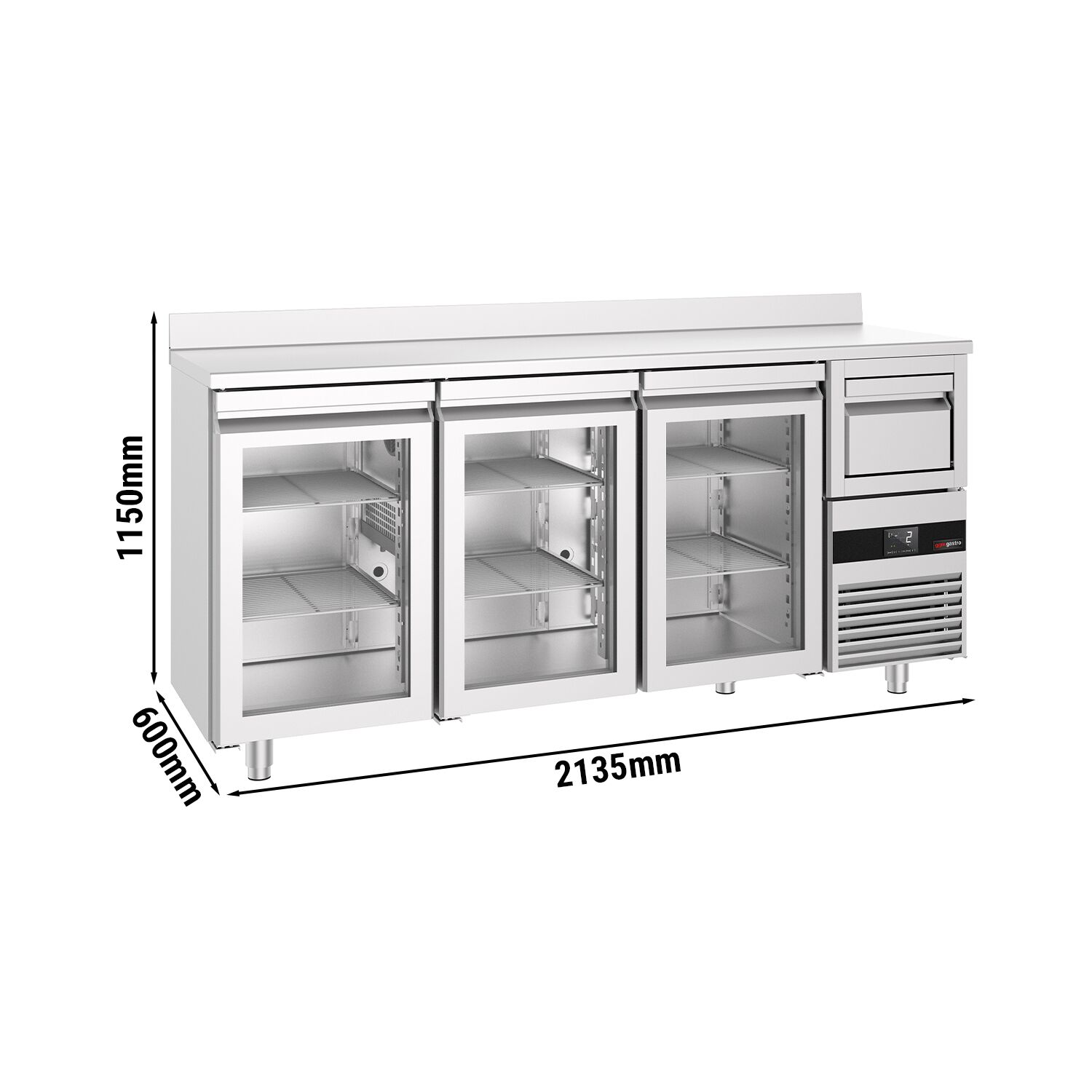 Commercial Back Bar Bottle Cooler PREMIUM - 2140x600x1150mm - with 3 Hinged Glass Doors, upstand & knock box for coffee - 632L