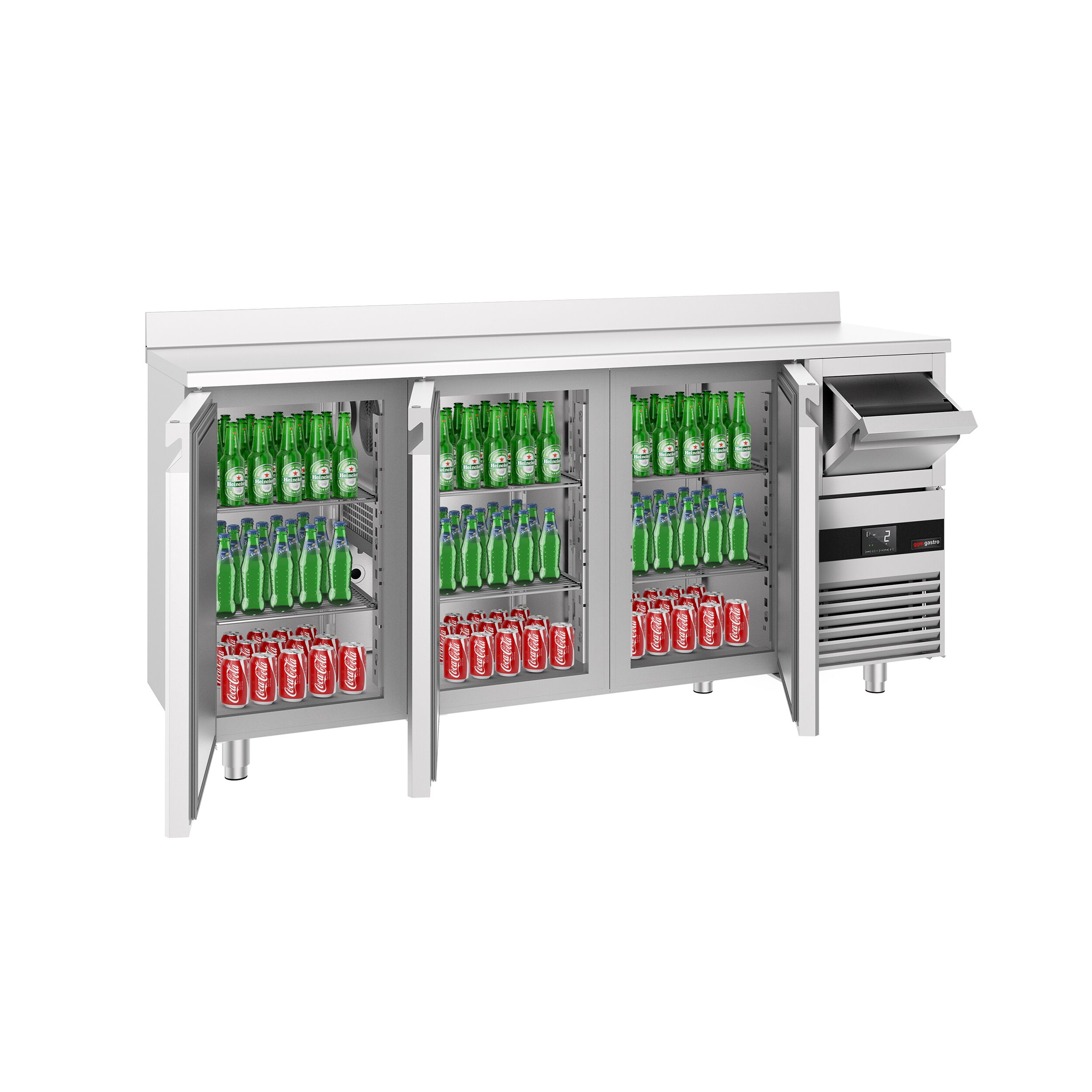 Arrière-bar réfrigéré professionnel  PREMIUM - 2130 x 600 mm - avec 3 portes - avec dosseret - avec tiroir à marc de café