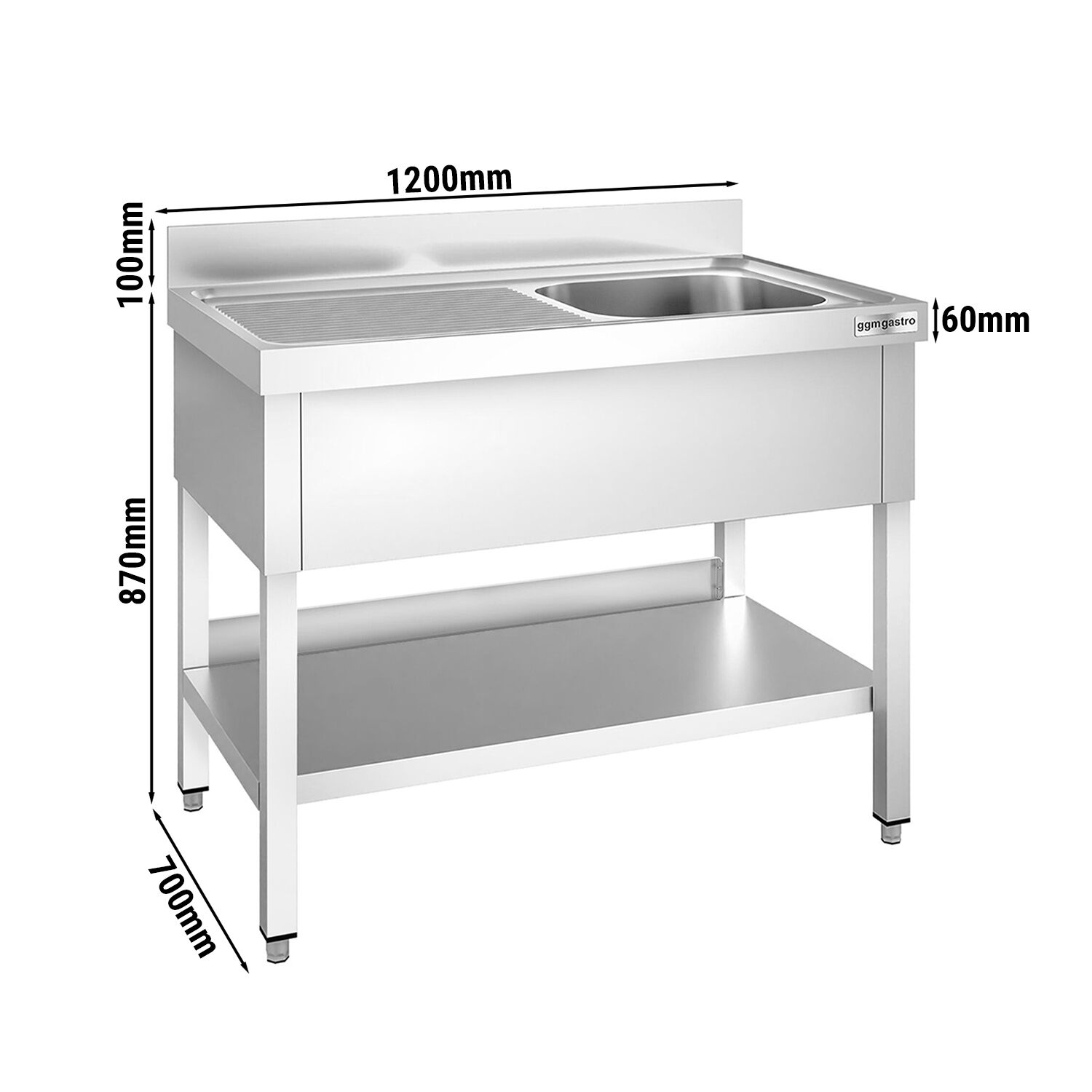 Plonge en inox PREMIUM - 1200x700mm - avec étagère basse - 1 bac à droite
