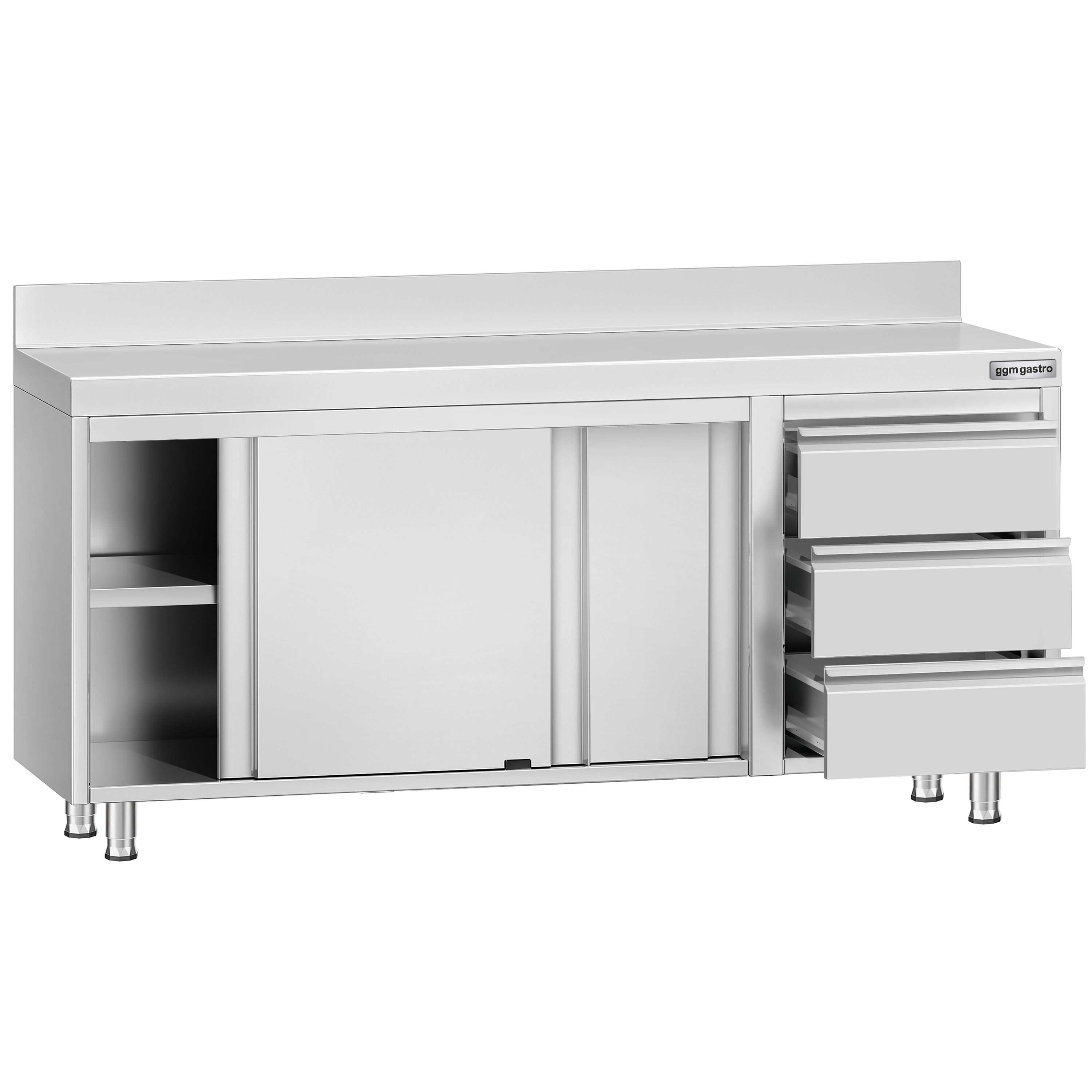 Table armoire en acier inoxydable ECO - 1800x600mm - avec 3 tiroirs à droite et portes coulissantes et étagère basse - avec dosseret